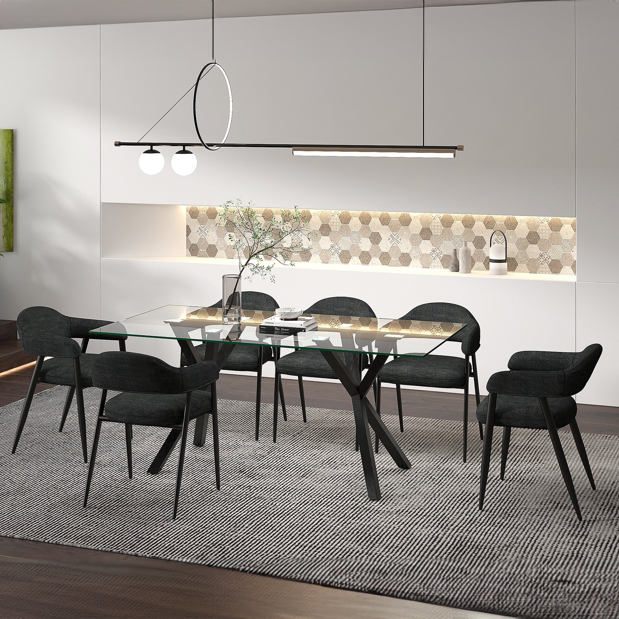 Stark Archer 7-Piece Dining Set - Clear Glass and Black Fabric-DECOROLALA