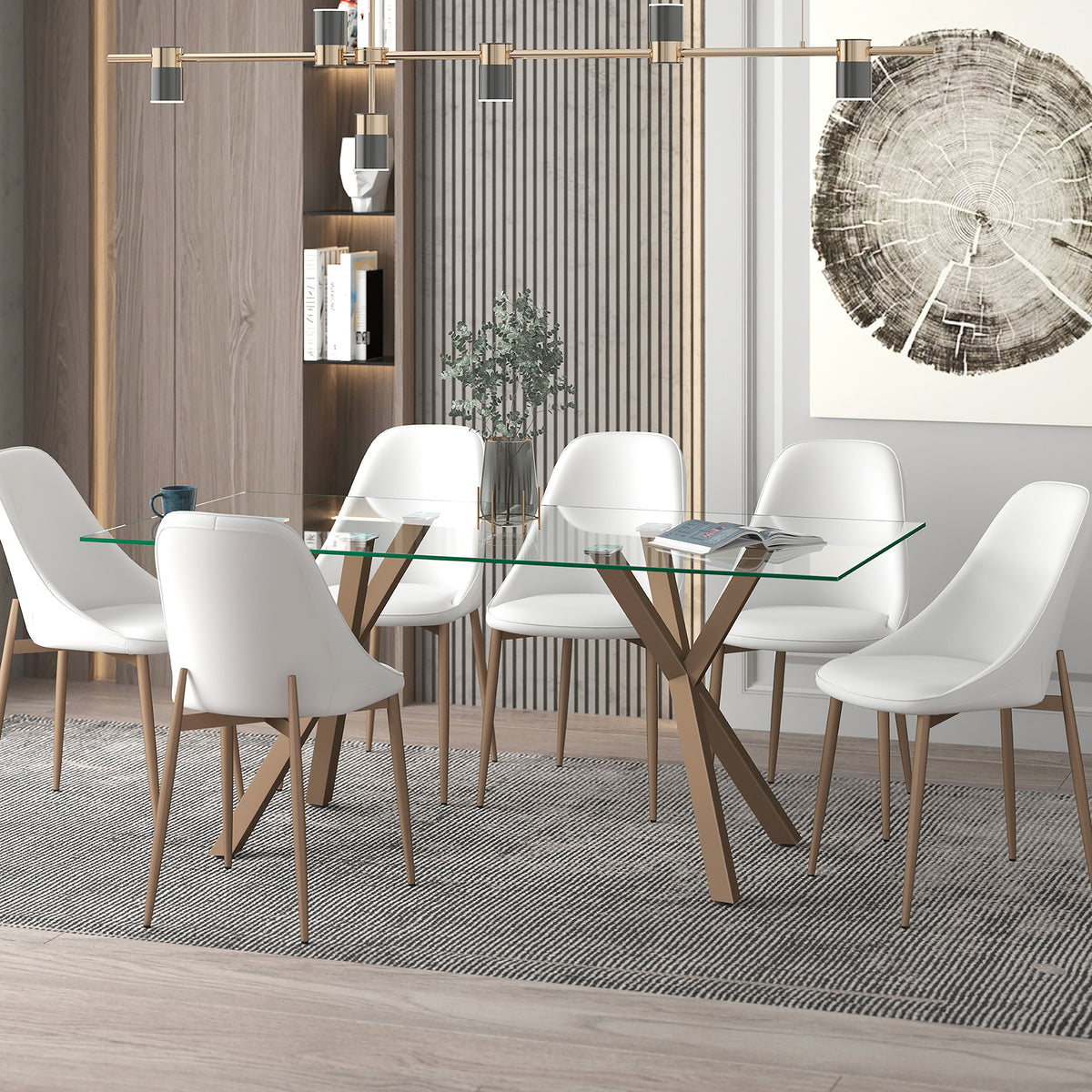 Stark Cleo 7-Piece Dining Set - Glass Table & Faux Leather Chairs-Dining Room Sets-DECOROLALA