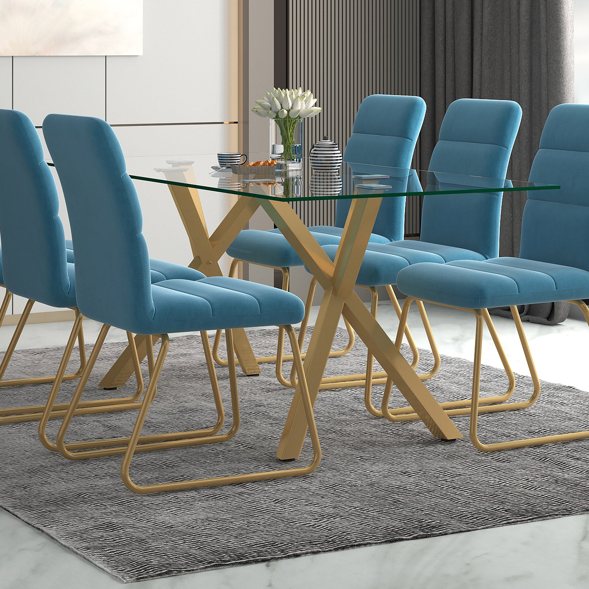 Stark Dining Table - Aged Gold Geometric Metal & Glass-DECOROLALA