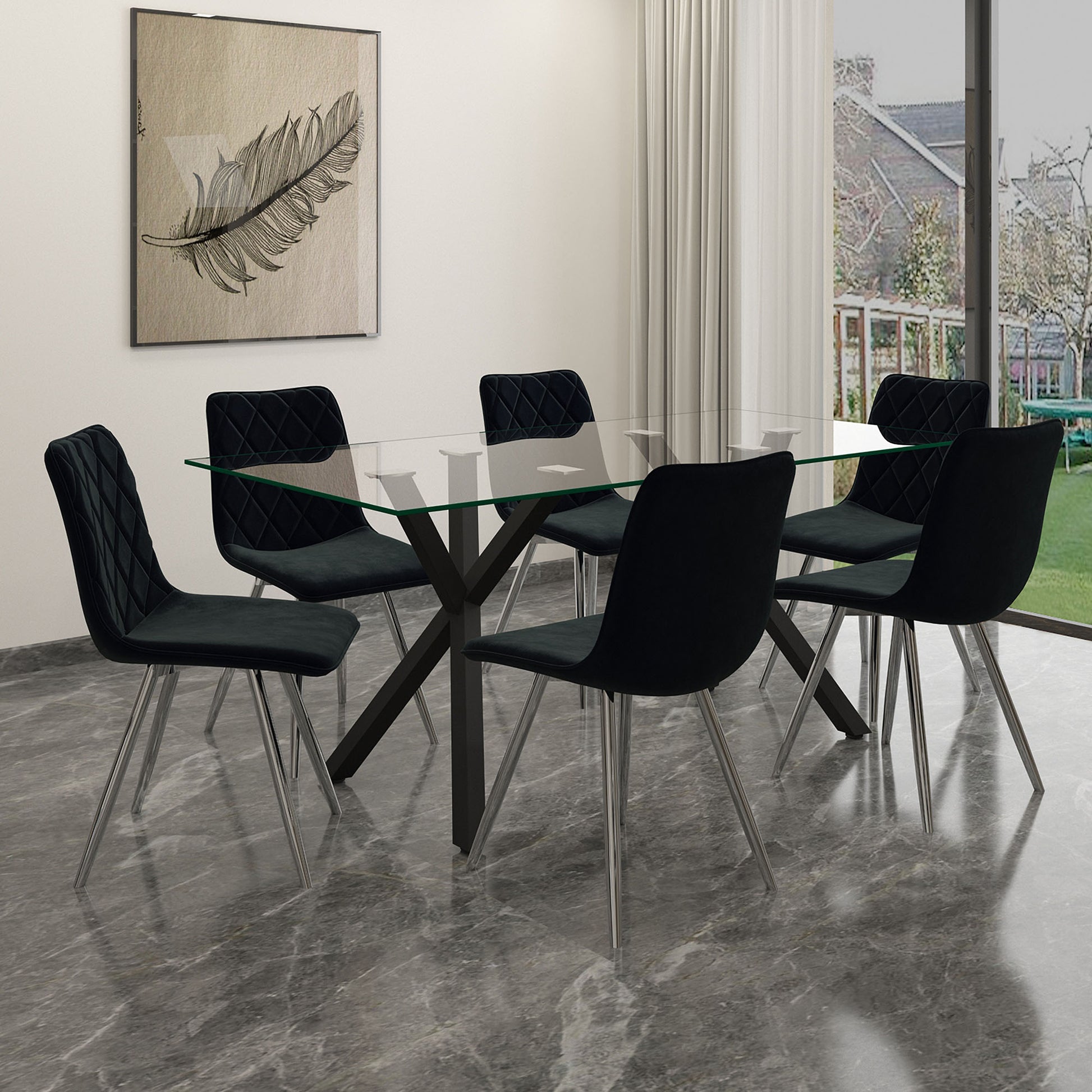 Stark Dining Table - Black Metal with Tempered Glass Top-DECOROLALA