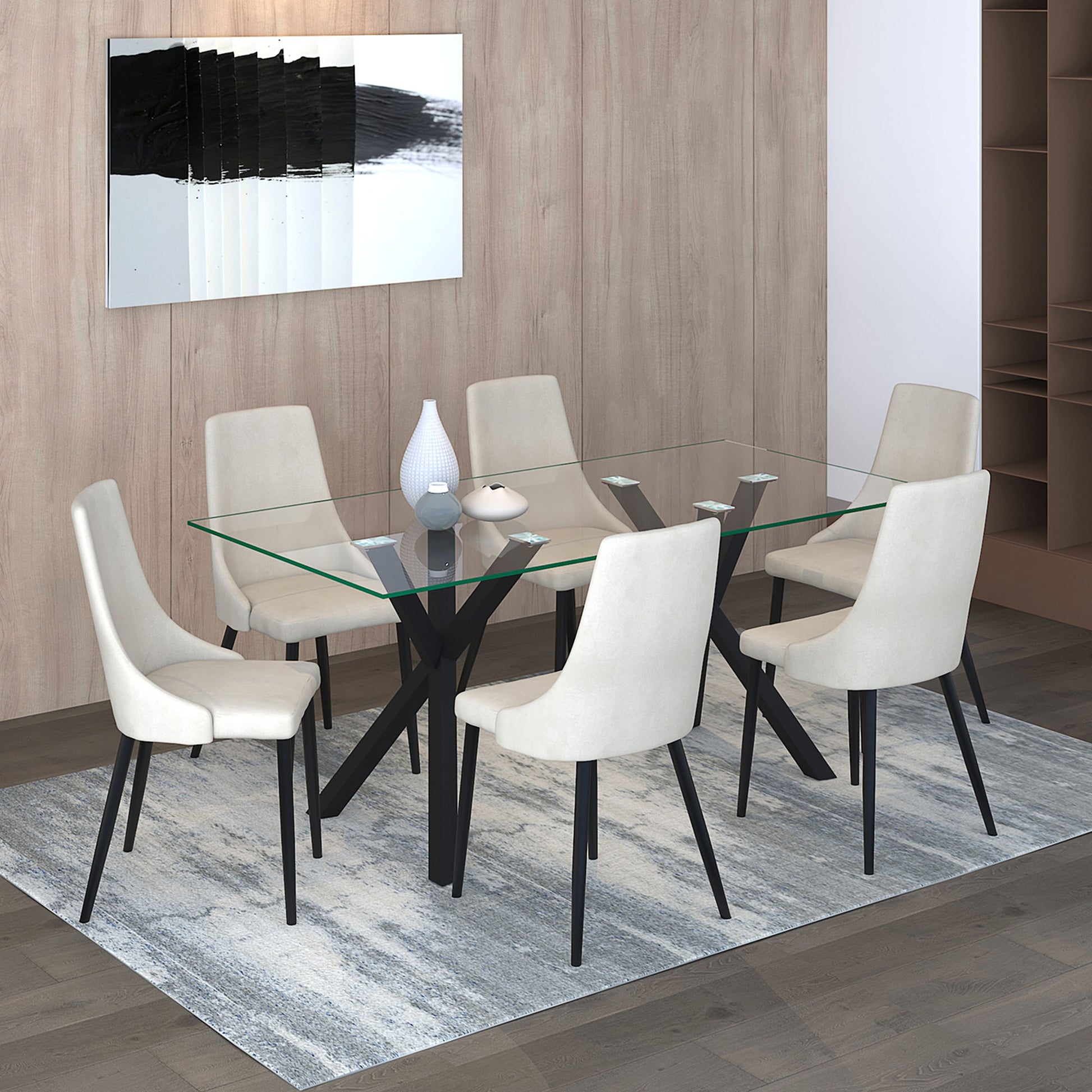Stark Venice 7-Piece Dining Set - Clear Glass and Black Matte-DECOROLALA
