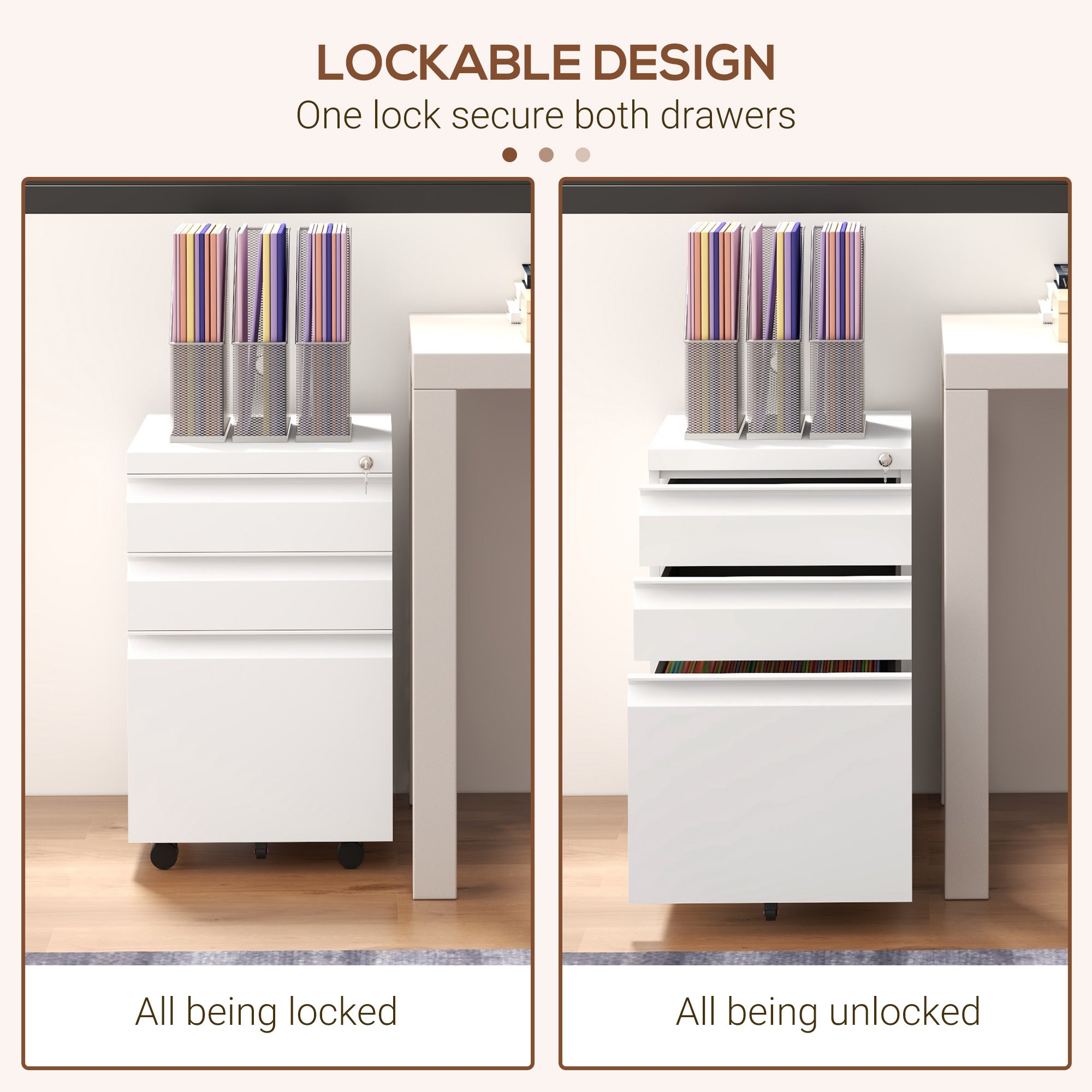 Steel 3-Drawer File Cabinet with Lock, 5 Wheels, White-DECOROLALA