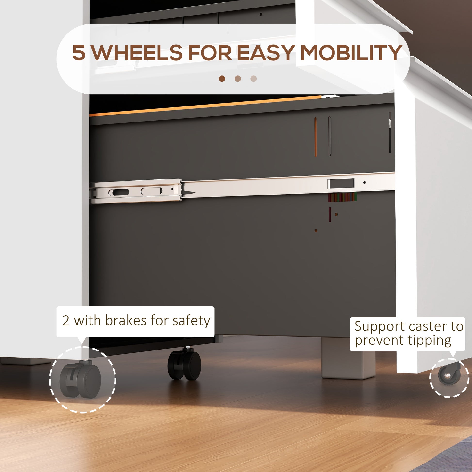 Steel 3-Drawer File Cabinet with Lock, 5 Wheels, White-DECOROLALA