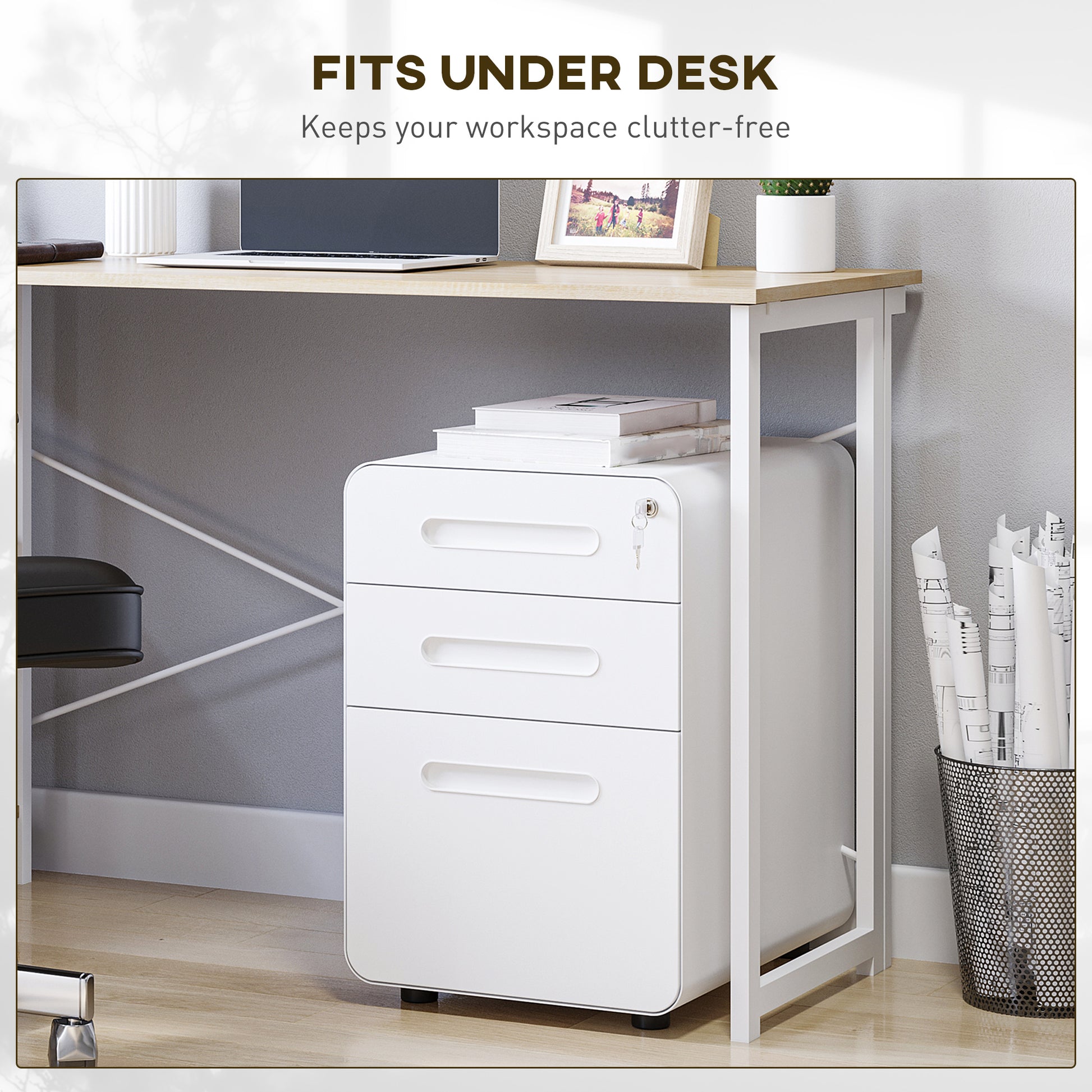 Steel File Cabinet - Lockable, 3-Drawer White-DECOROLALA