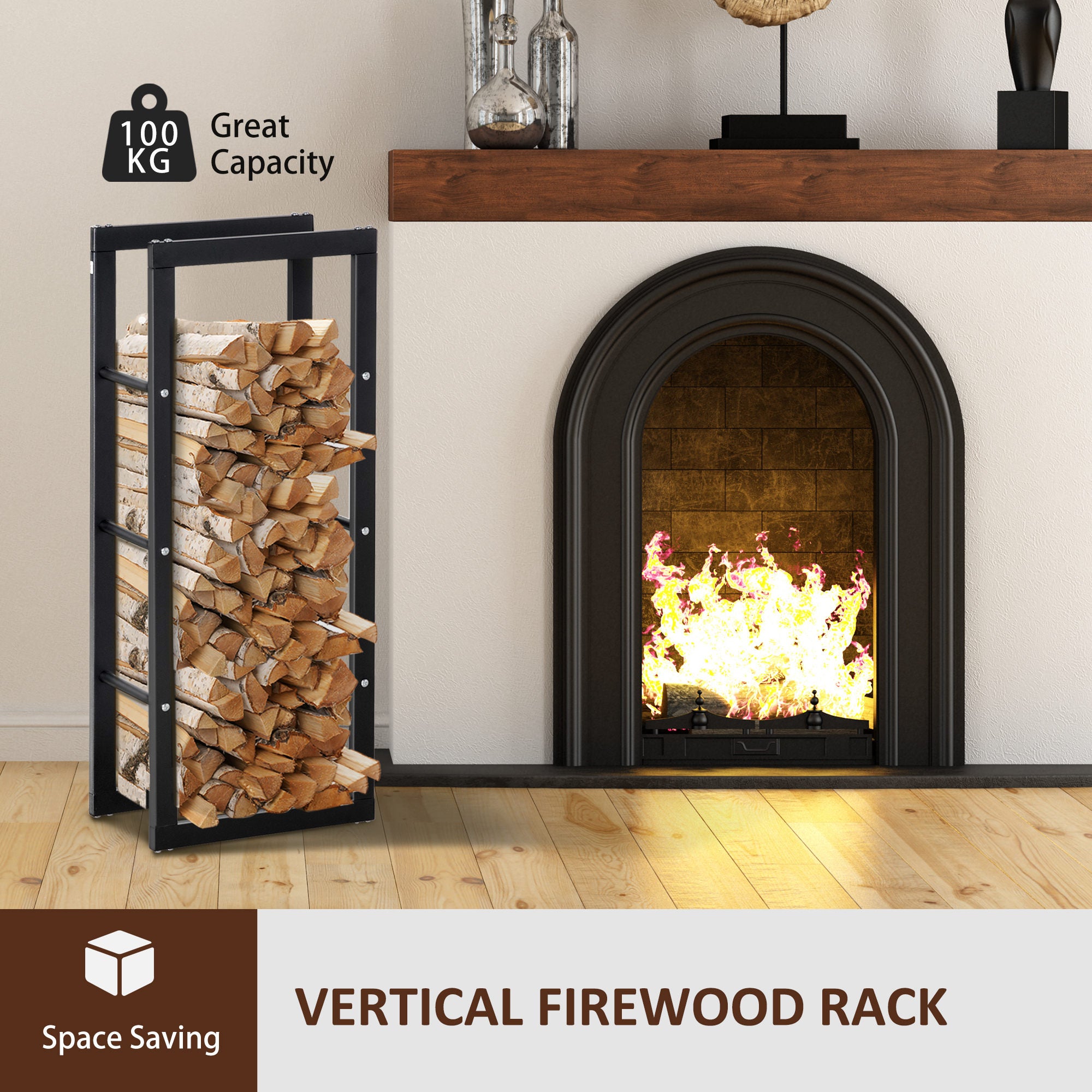 Steel Firewood Rack - Black 39" Log Holder 220 lbs Capacity-Home Furnishings > Home Décor > Fireplaces & Accessories > Firewood Racks-DECOROLALA