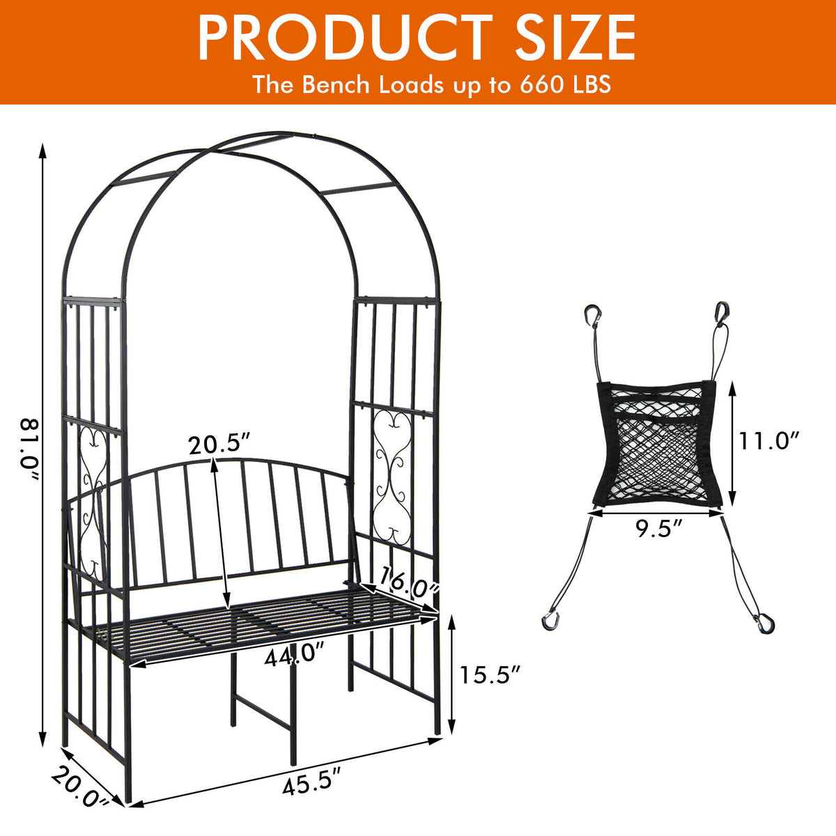 Steel Garden Arch with 2-Seat Bench-Garden Arbors-DECOROLALA