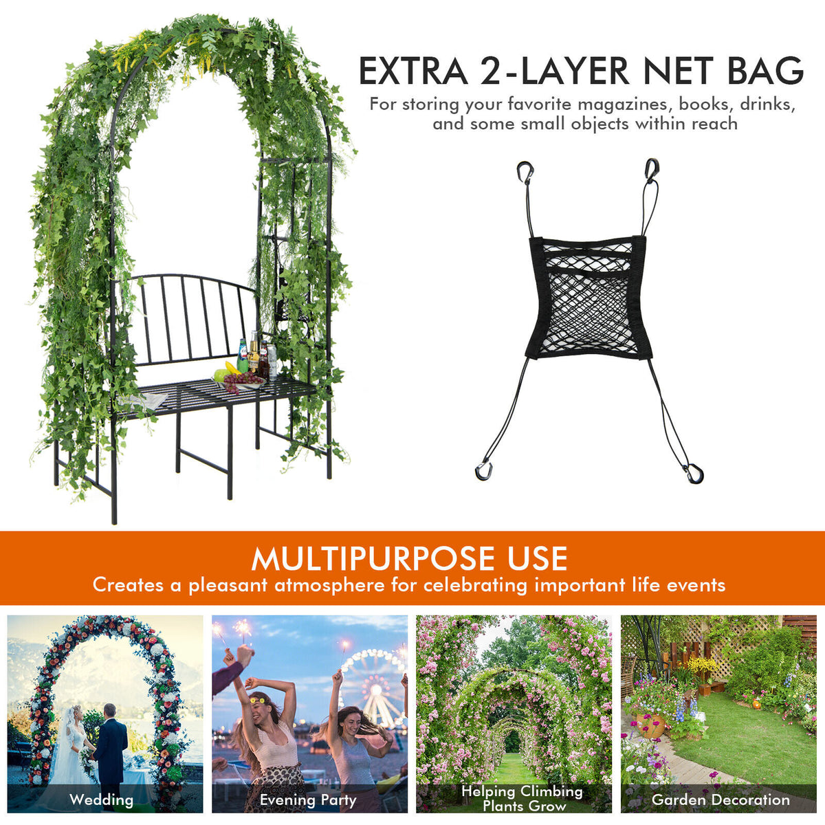 Steel Garden Arch with 2-Seat Bench-Garden Arbors-DECOROLALA