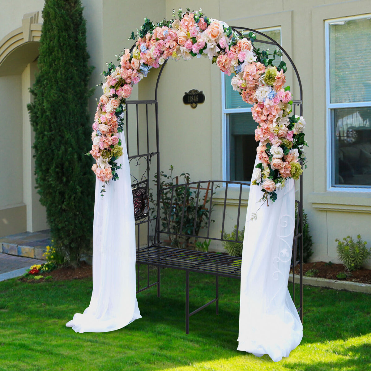 Steel Garden Arch with 2-Seat Bench-Garden Arbors-DECOROLALA