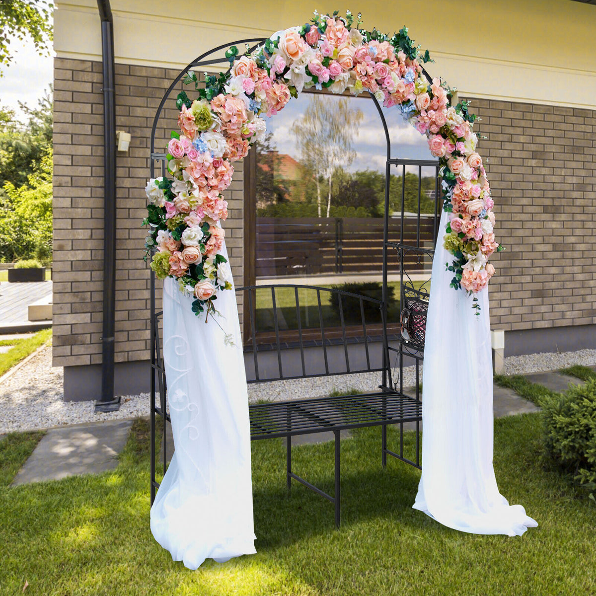 Steel Garden Arch with 2-Seat Bench-Garden Arbors-DECOROLALA