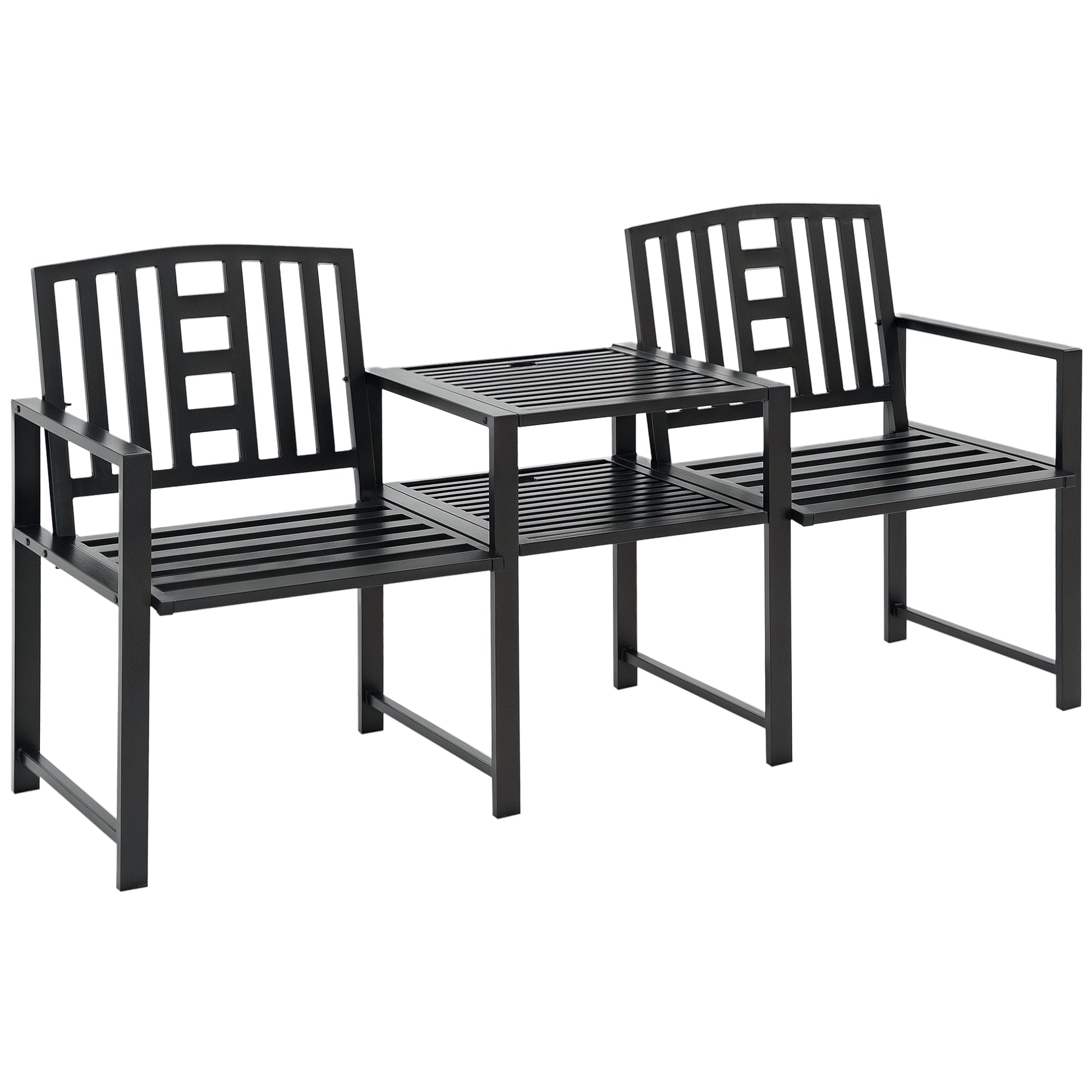 Steel Garden Bench, Weather-Resistant, Double Seat with Table, Umbrella Hole, Black-DECOROLALA
