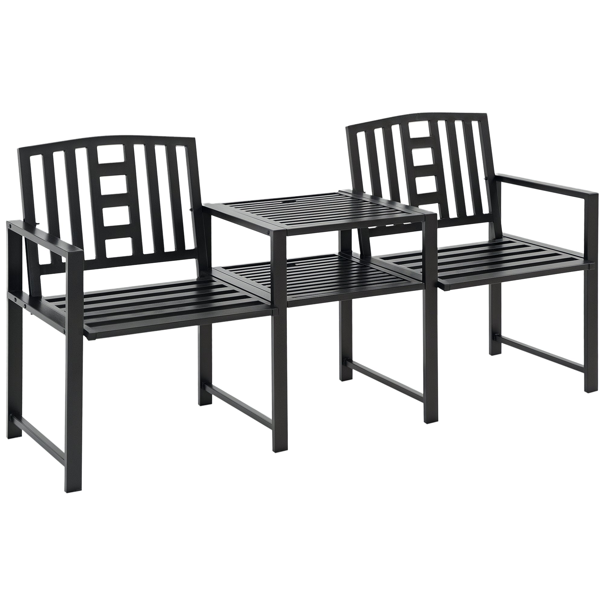 Steel Garden Bench, Weather-Resistant, Double Seat with Table, Umbrella Hole, Black-DECOROLALA