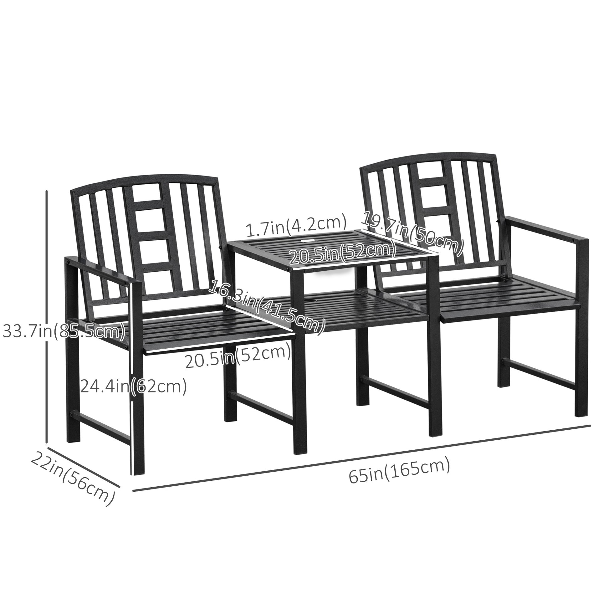 Steel Garden Bench, Weather-Resistant, Double Seat with Table, Umbrella Hole, Black-DECOROLALA