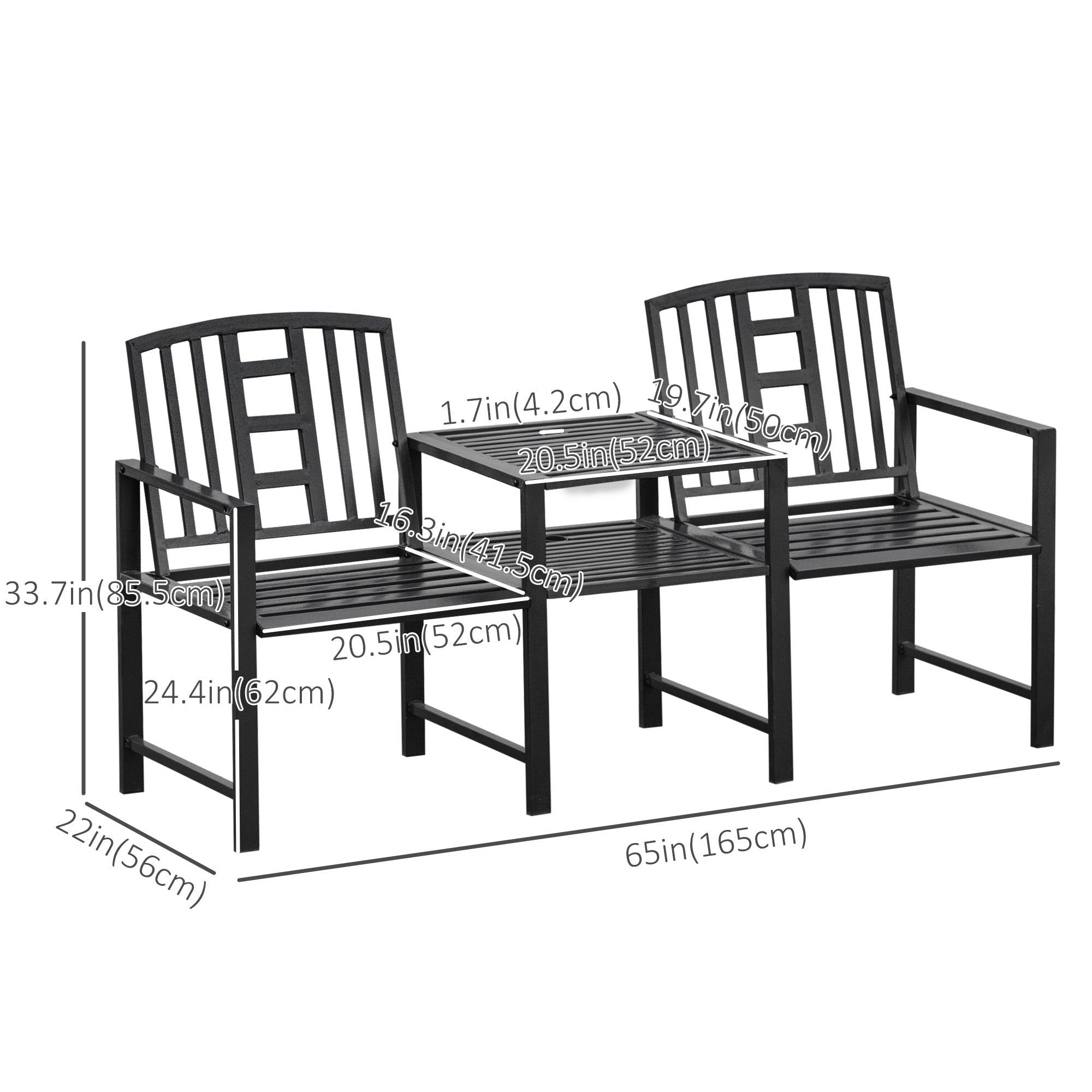 Steel Garden Bench, Weather-Resistant, Double Seat with Table, Umbrella Hole, Black-DECOROLALA