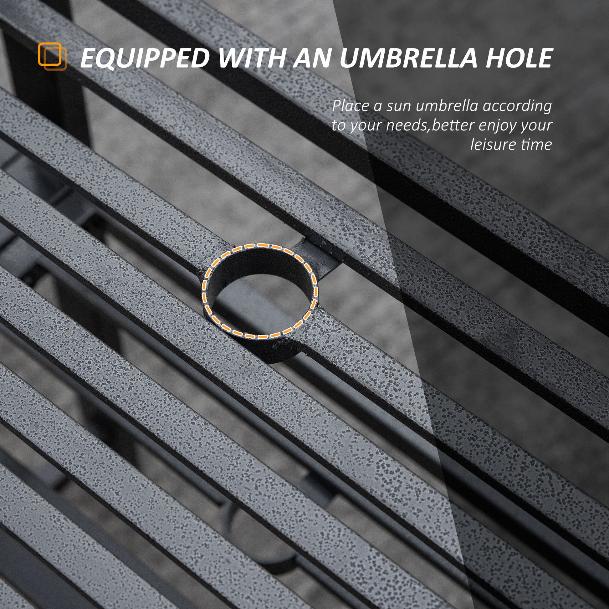 Steel Garden Bench, Weather-Resistant, Double Seat with Table, Umbrella Hole, Black-DECOROLALA