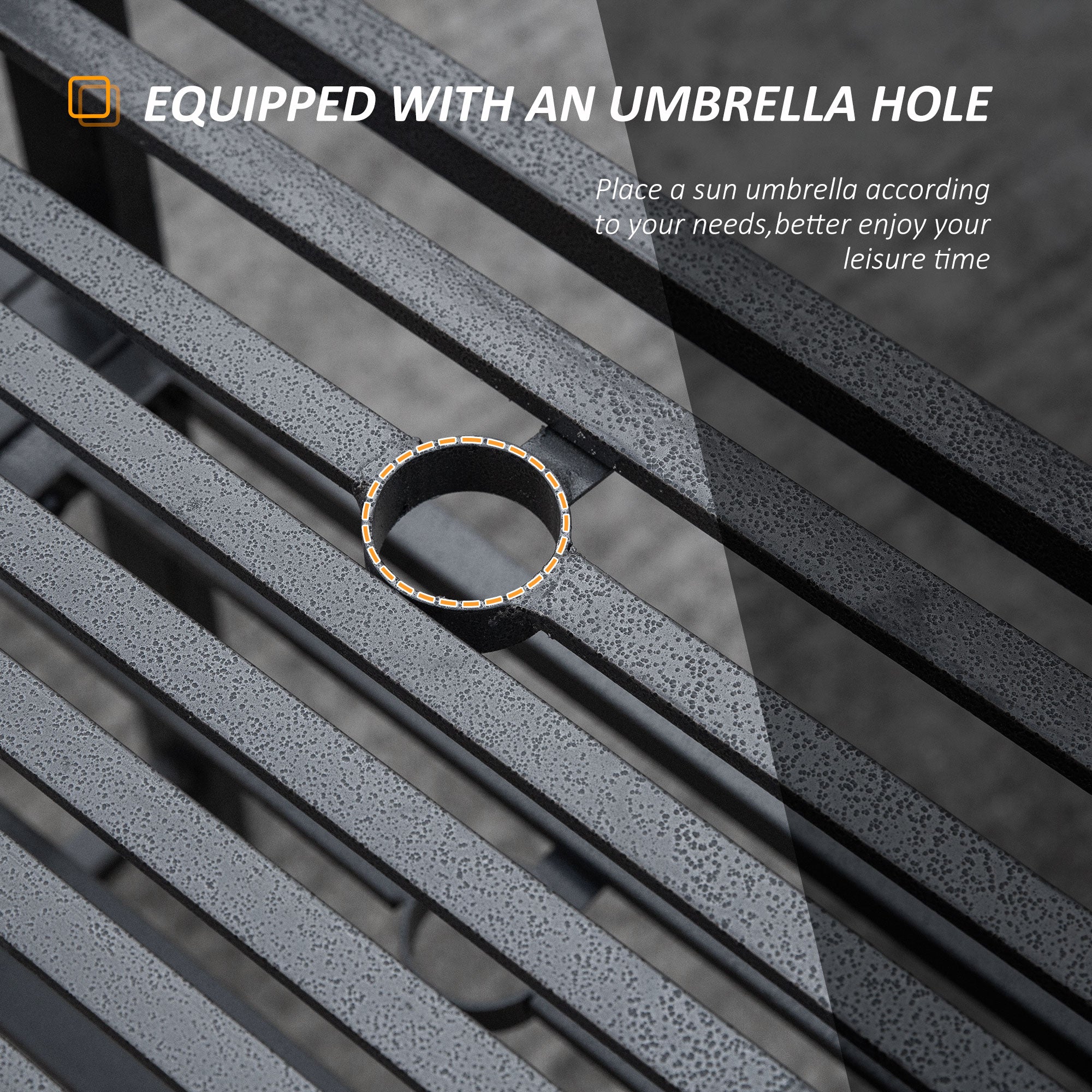 Steel Garden Bench, Weather-Resistant, Double Seat with Table, Umbrella Hole, Black-DECOROLALA