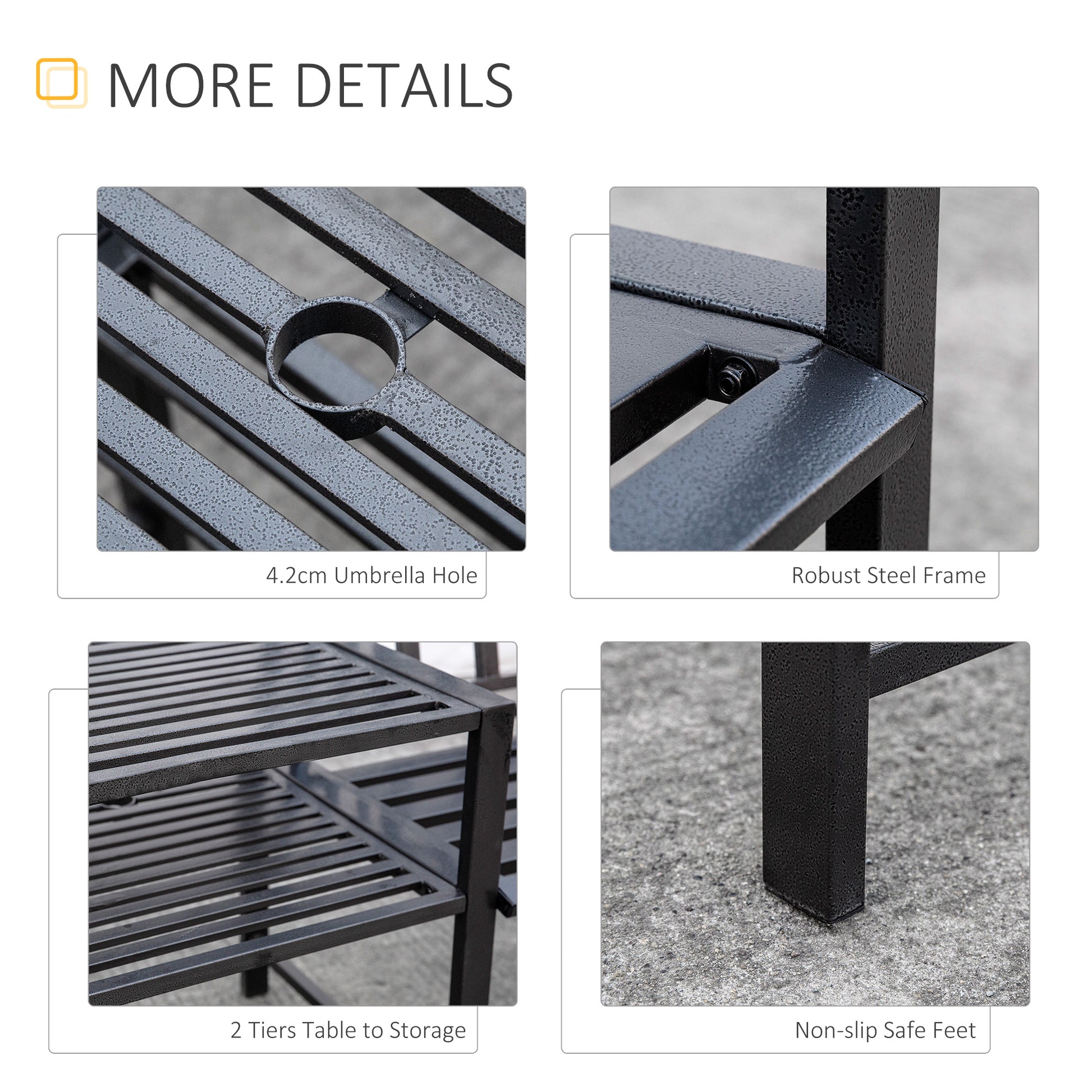 Steel Garden Bench, Weather-Resistant, Double Seat with Table, Umbrella Hole, Black-DECOROLALA