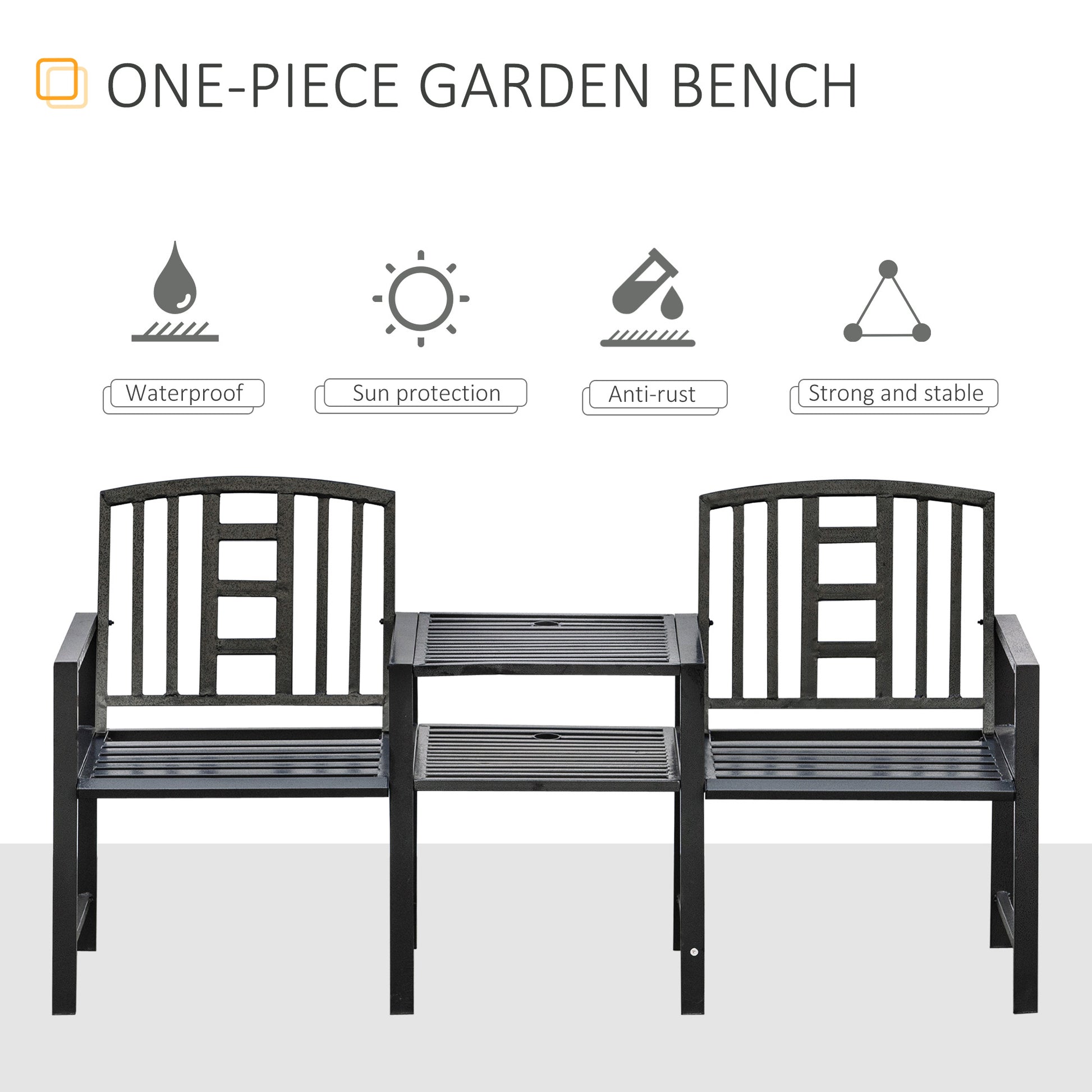 Steel Garden Bench, Weather-Resistant, Double Seat with Table, Umbrella Hole, Black-DECOROLALA