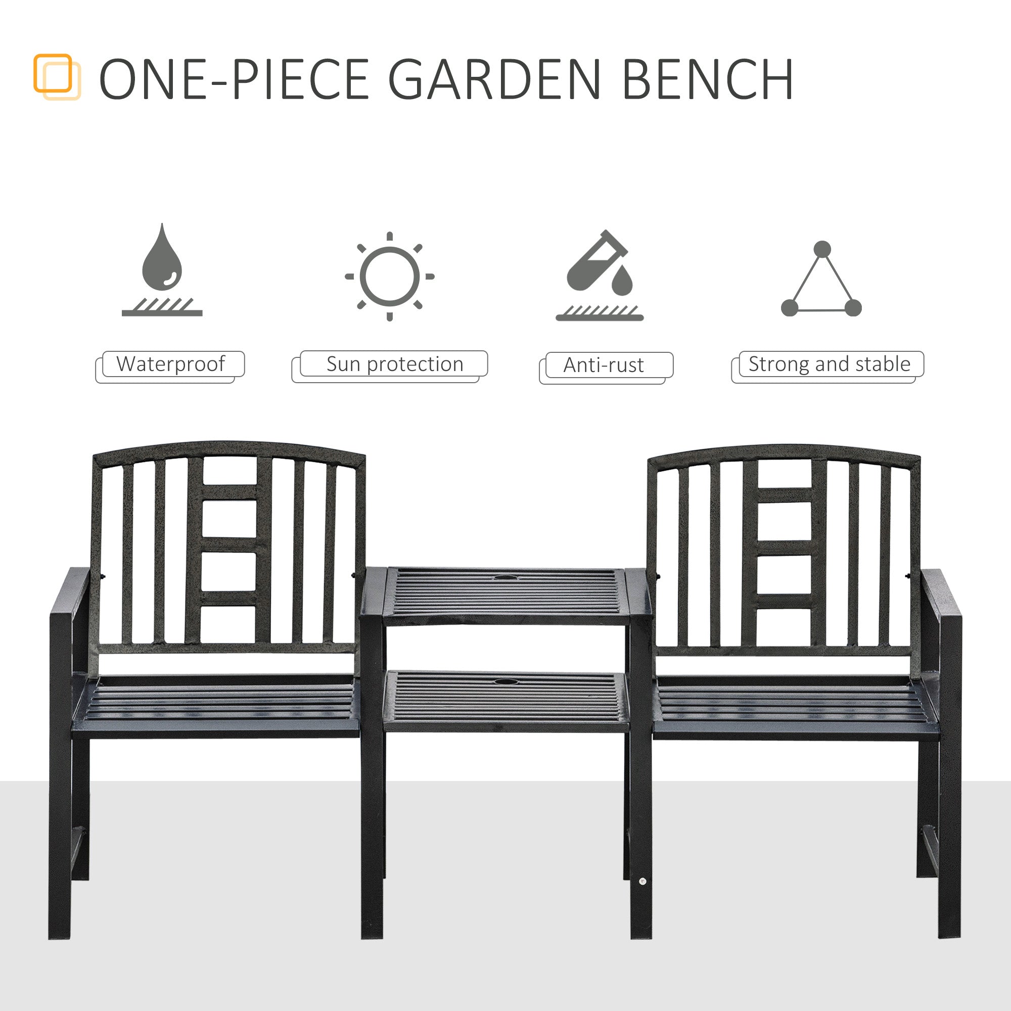 Steel Garden Bench, Weather-Resistant, Double Seat with Table, Umbrella Hole, Black-DECOROLALA