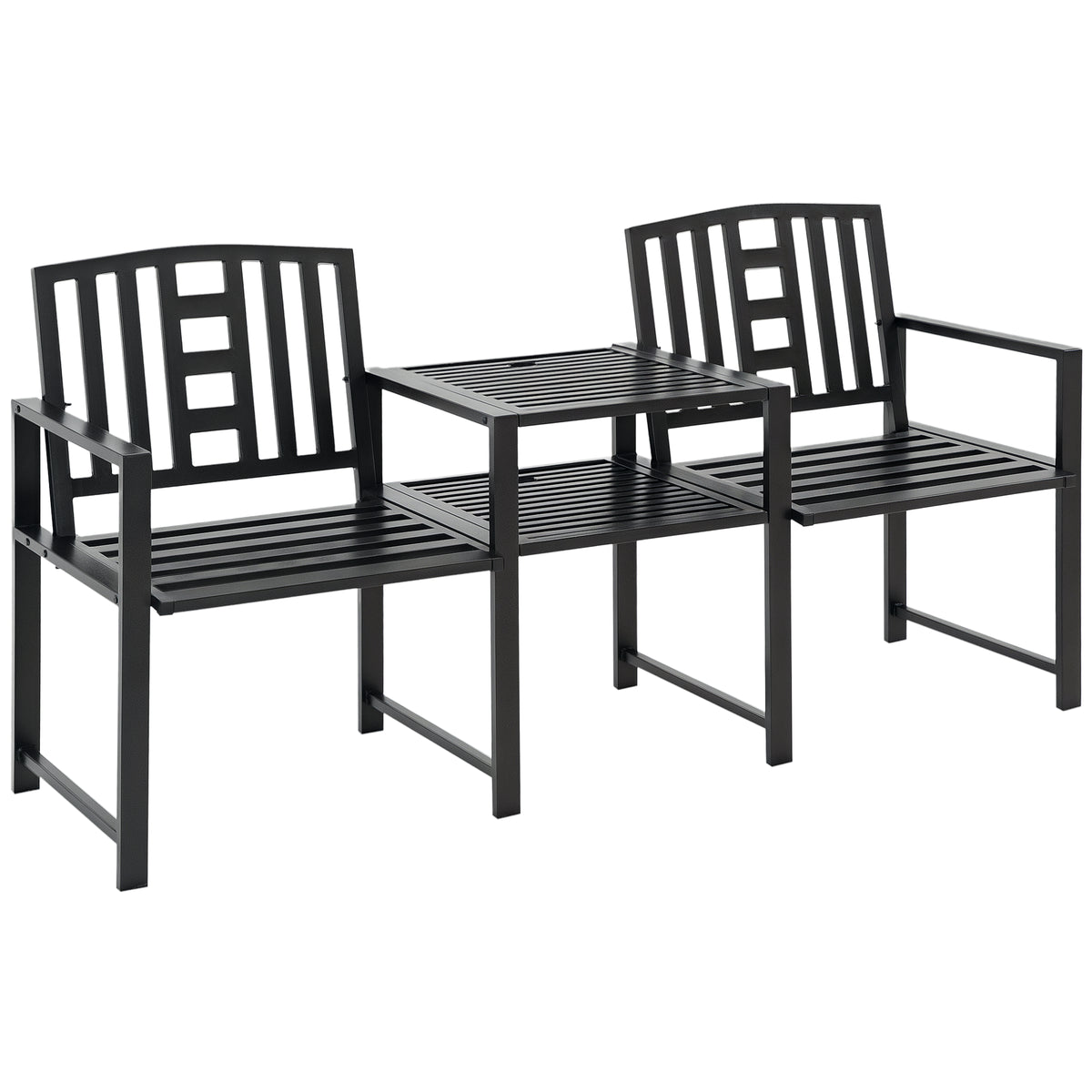 Steel Garden Bench, Weather-Resistant, Double Seat with Table, Umbrella Hole, Black-Outdoor Benches-DECOROLALA