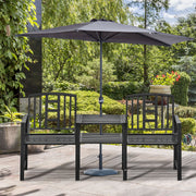 Steel Garden Bench, Weather-Resistant, Double Seat with Table, Umbrella Hole, Black-DECOROLALA