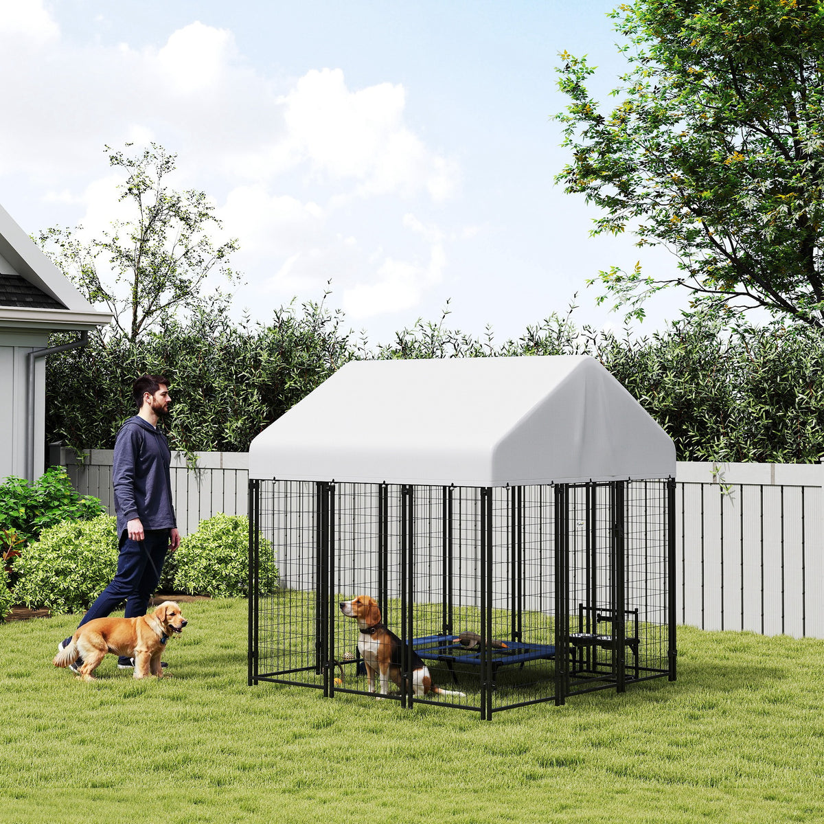 Steel Outdoor Dog Kennel with Waterproof Cover, 6' x 6' x 6'-Dogs-DECOROLALA