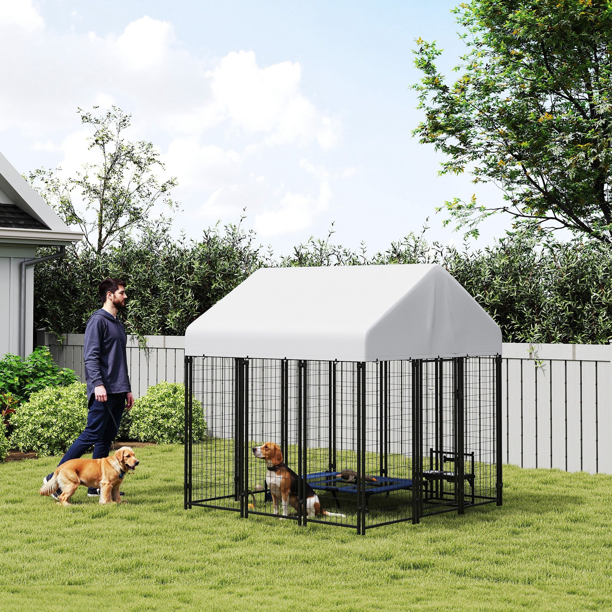 Steel Outdoor Dog Kennel with Waterproof Cover, 6' x 6' x 6'-Dogs-DECOROLALA