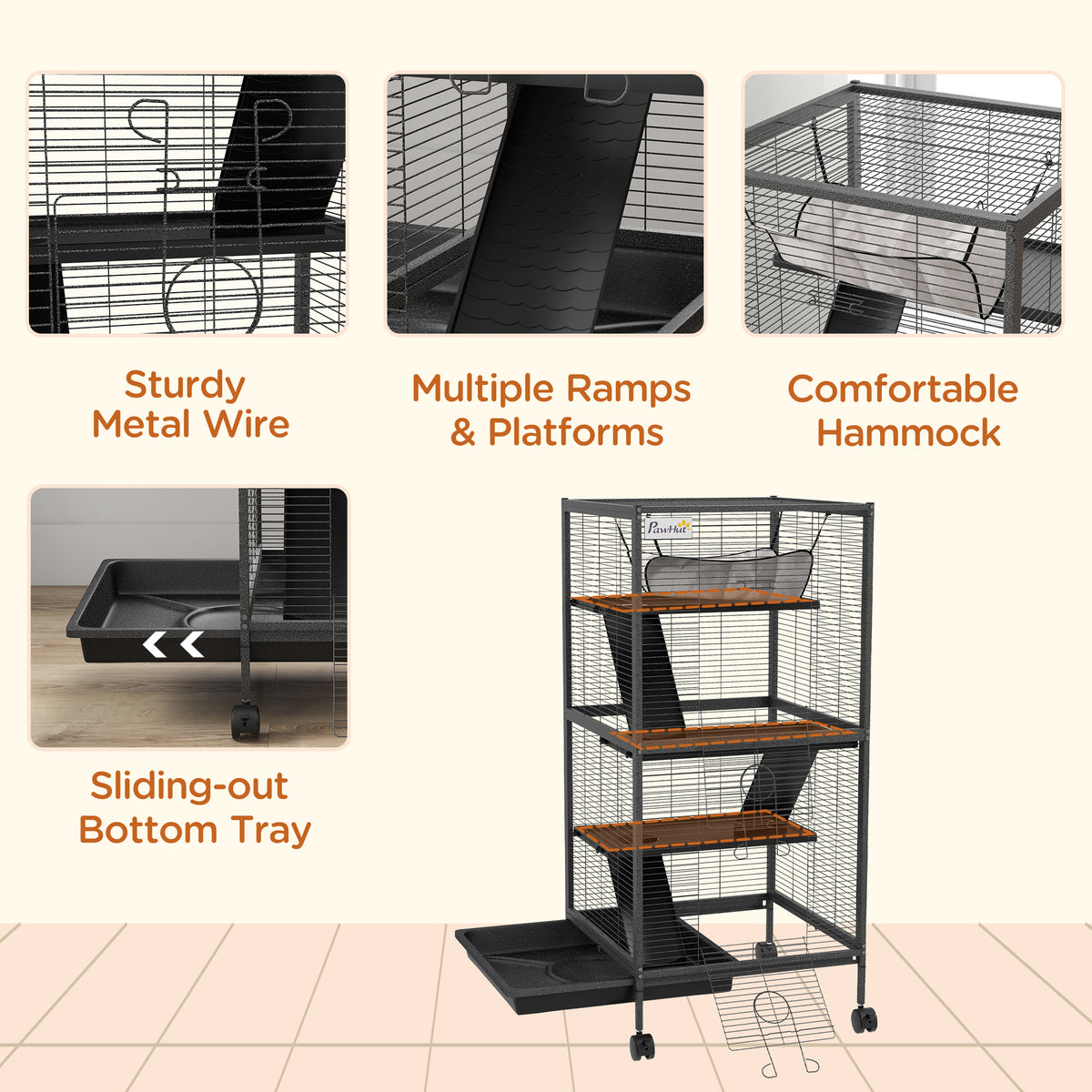 Steel Small Animal Cage with Wheels and Hammock - Charcoal Grey-Small Animals-DECOROLALA