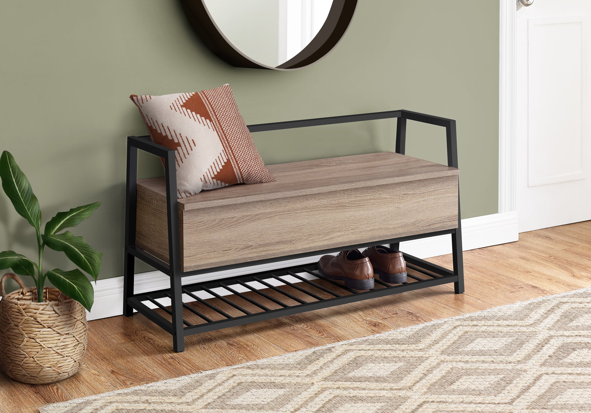 Storage Bench 42"L Grey Wood Black Metal Frame-Bench-DECOROLALA