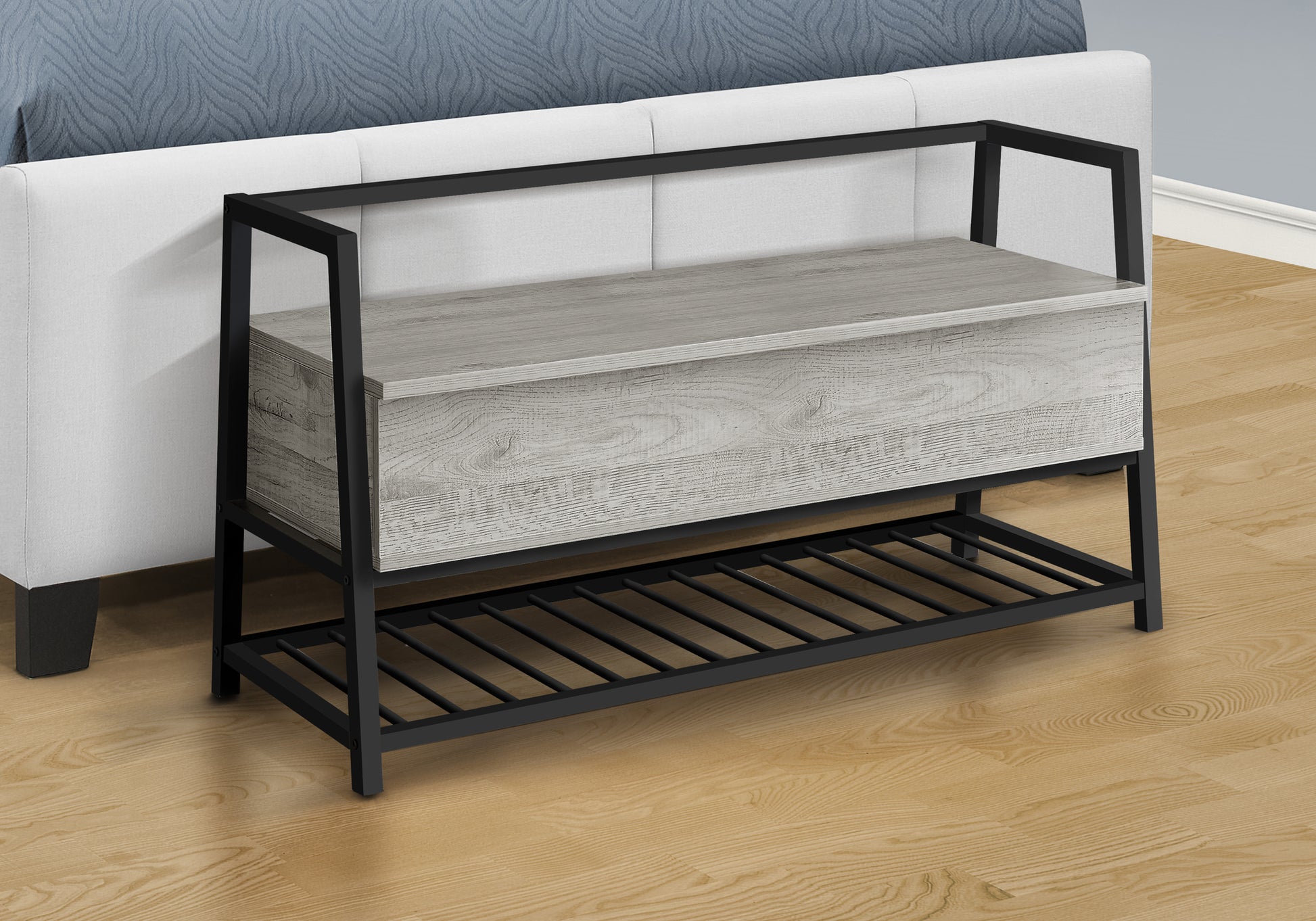 Storage Bench 42"L Grey Wood Black Metal Frame-Bench-DECOROLALA