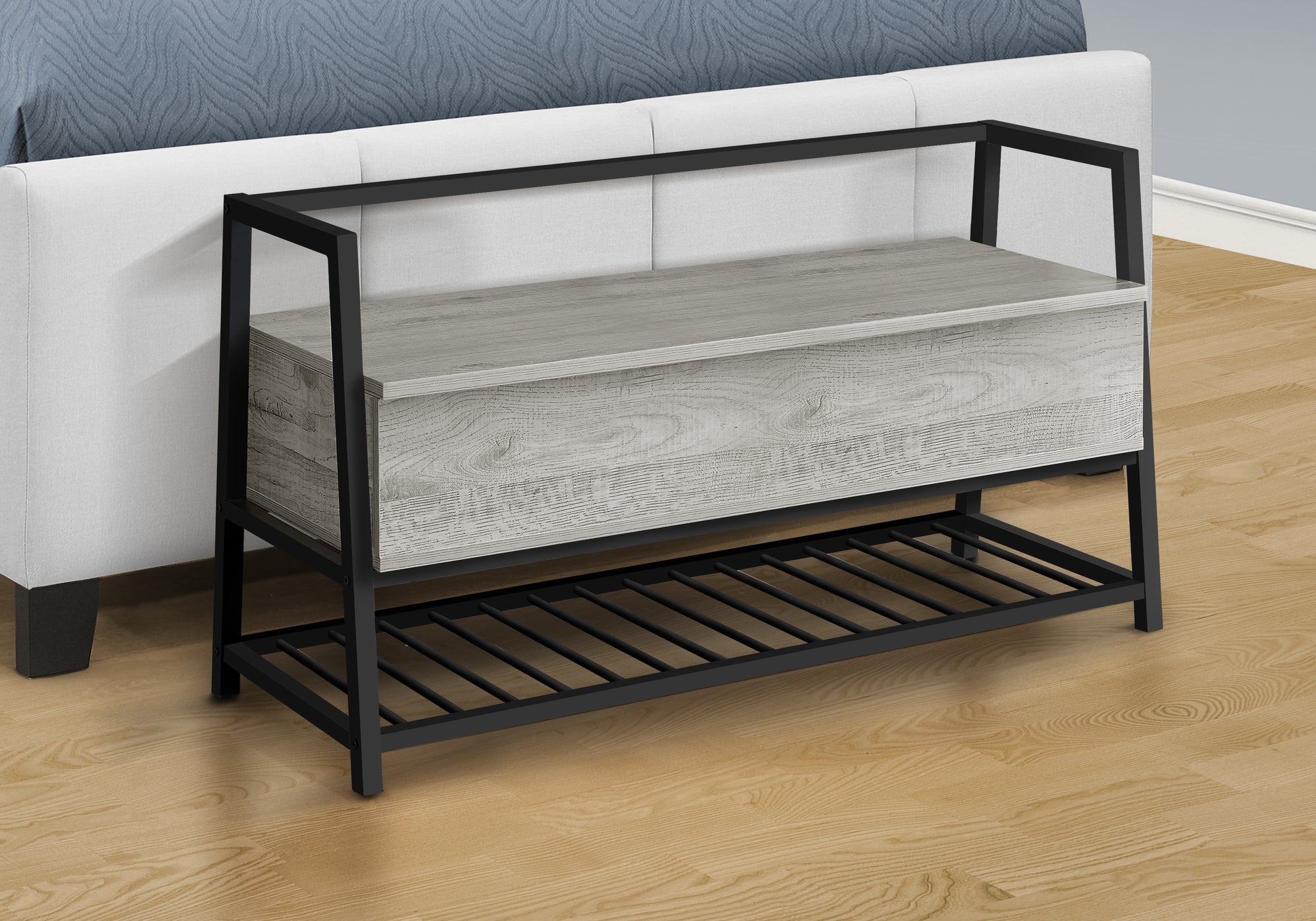Storage Bench 42"L Grey Wood Black Metal Frame-Bench-DECOROLALA