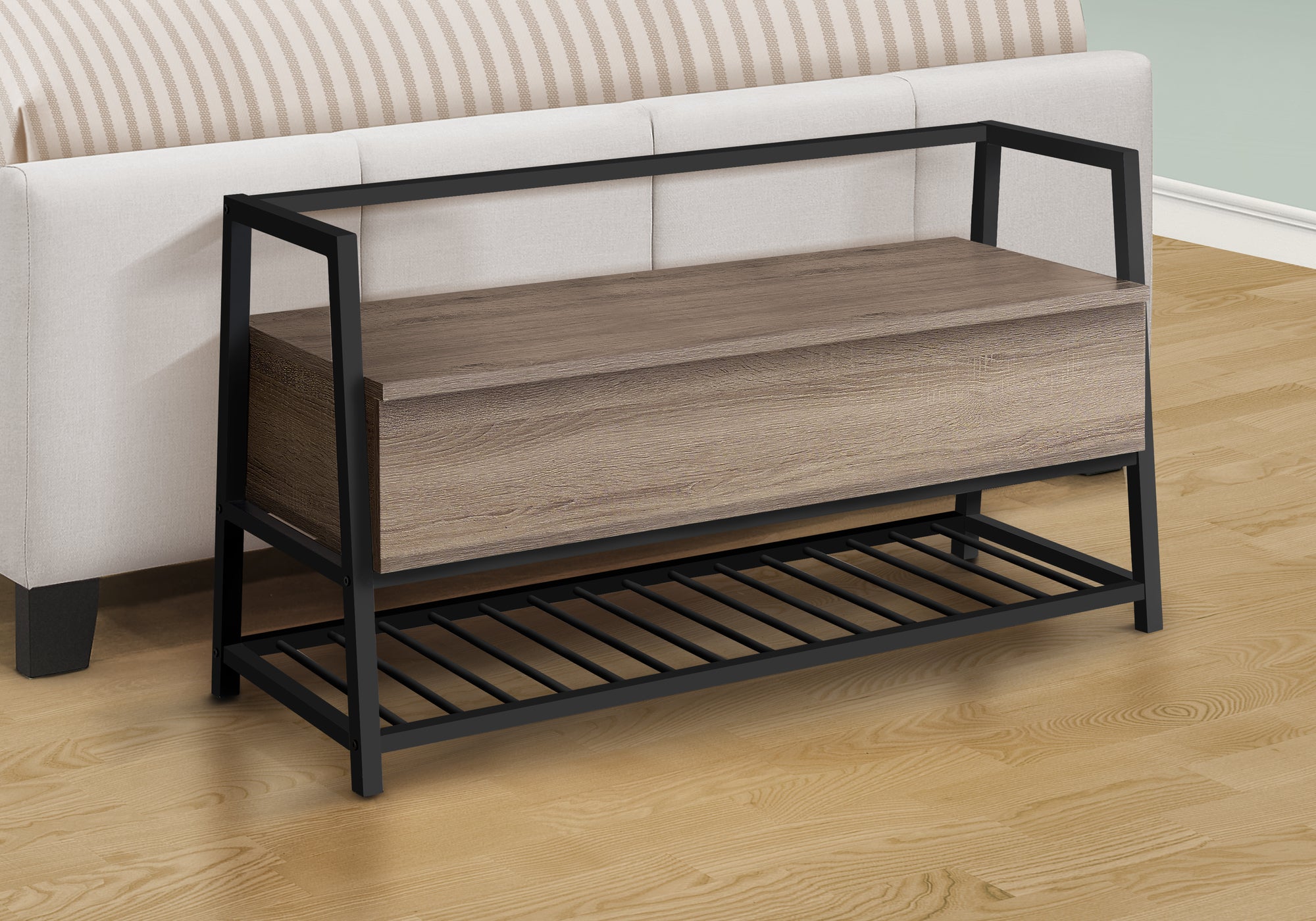 Storage Bench 42"L Grey Wood Black Metal Frame-Bench-DECOROLALA