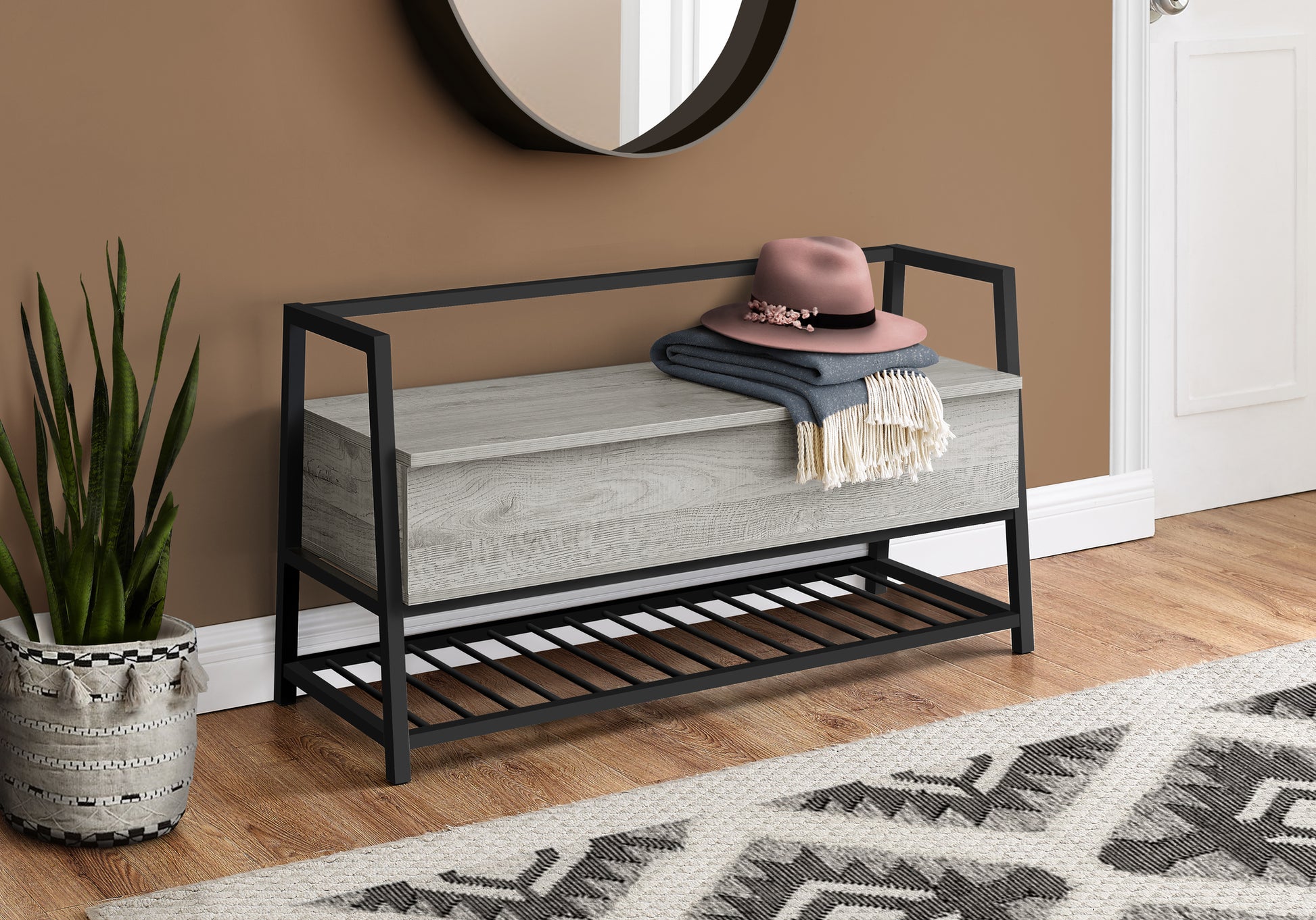 Storage Bench 42"L Grey Wood Black Metal Frame-Bench-DECOROLALA