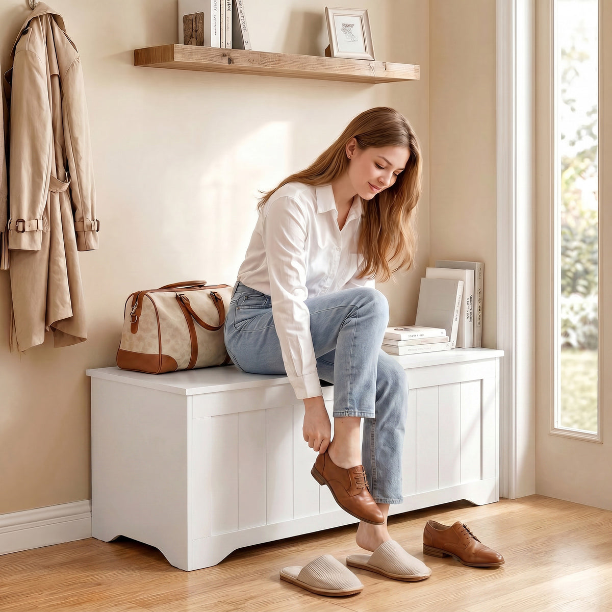 Storage Bench - White Lift Top Chest with Safety Hinges-Home Furnishings > Storage & Organization > Storage Cabinets-DECOROLALA