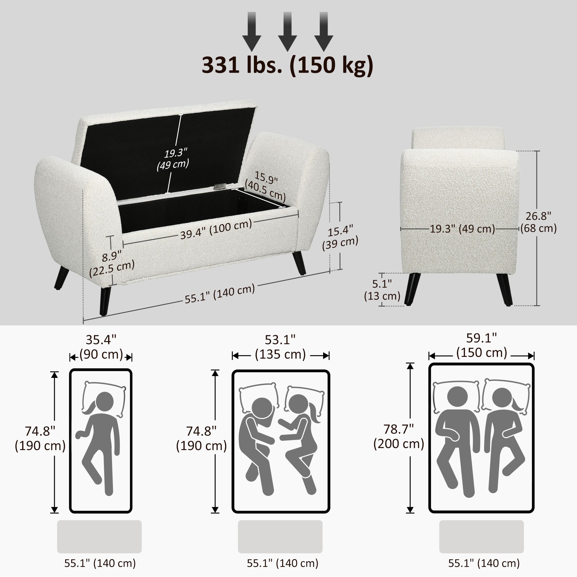 Storage Bench with Arms - Cream White-DECOROLALA