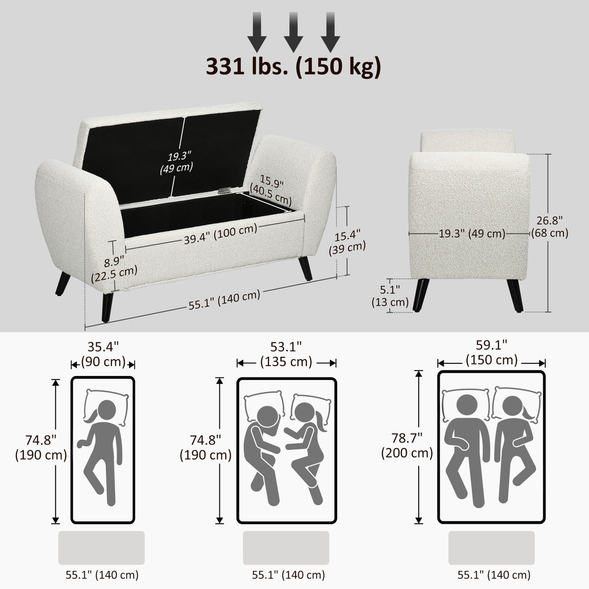 Storage Bench with Arms - Cream White-DECOROLALA