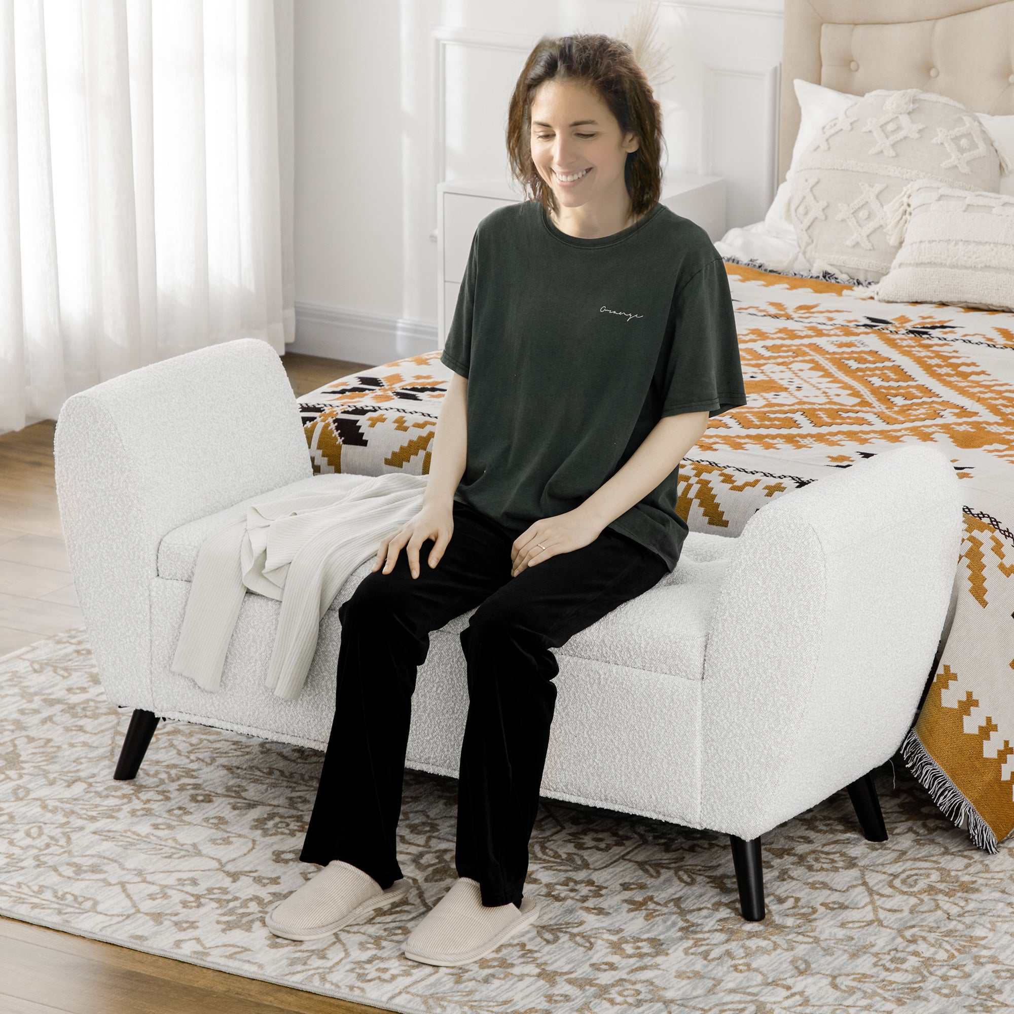 Storage Bench with Arms - Cream White-DECOROLALA