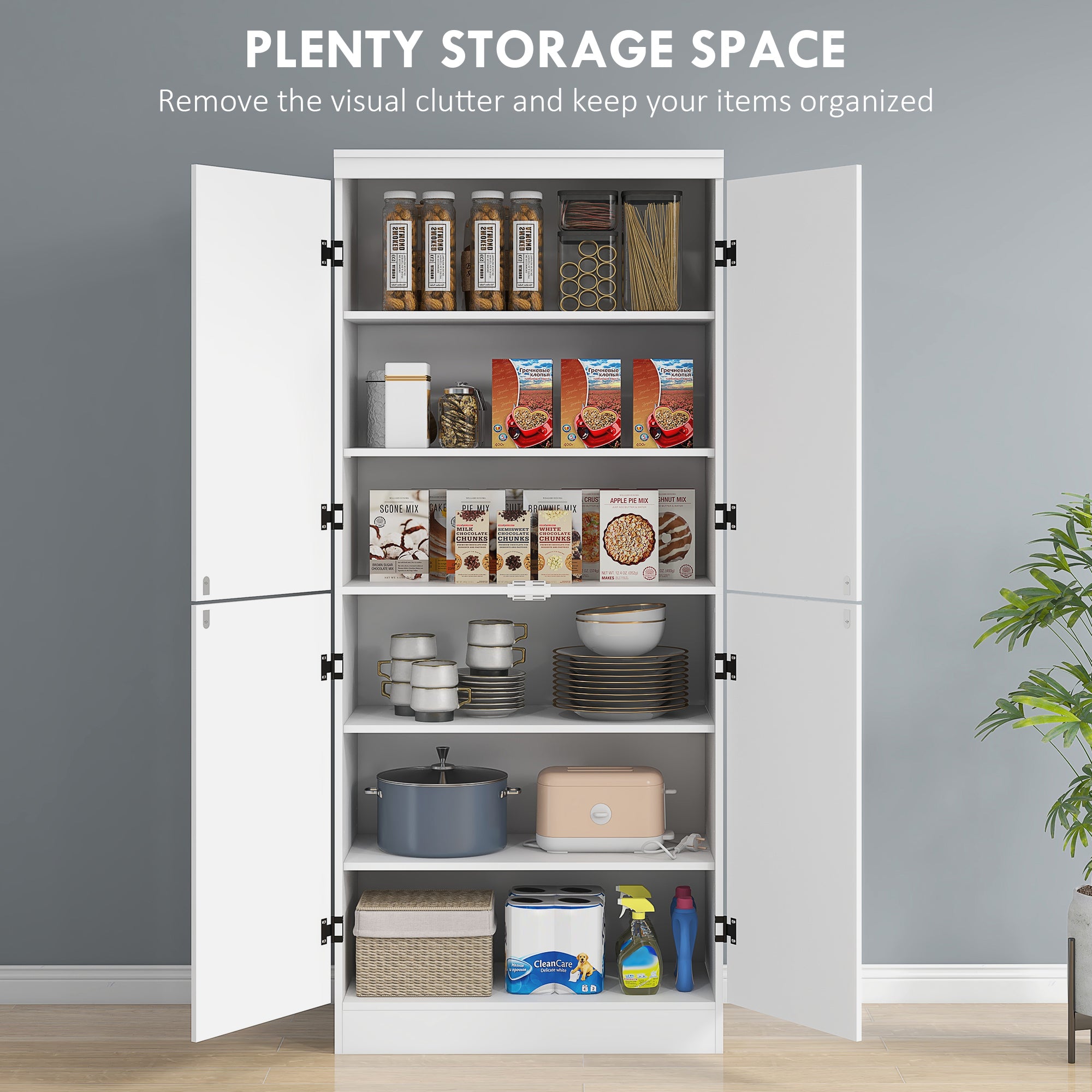Storage Cabinet 70" 4-Door White Pantry-DECOROLALA