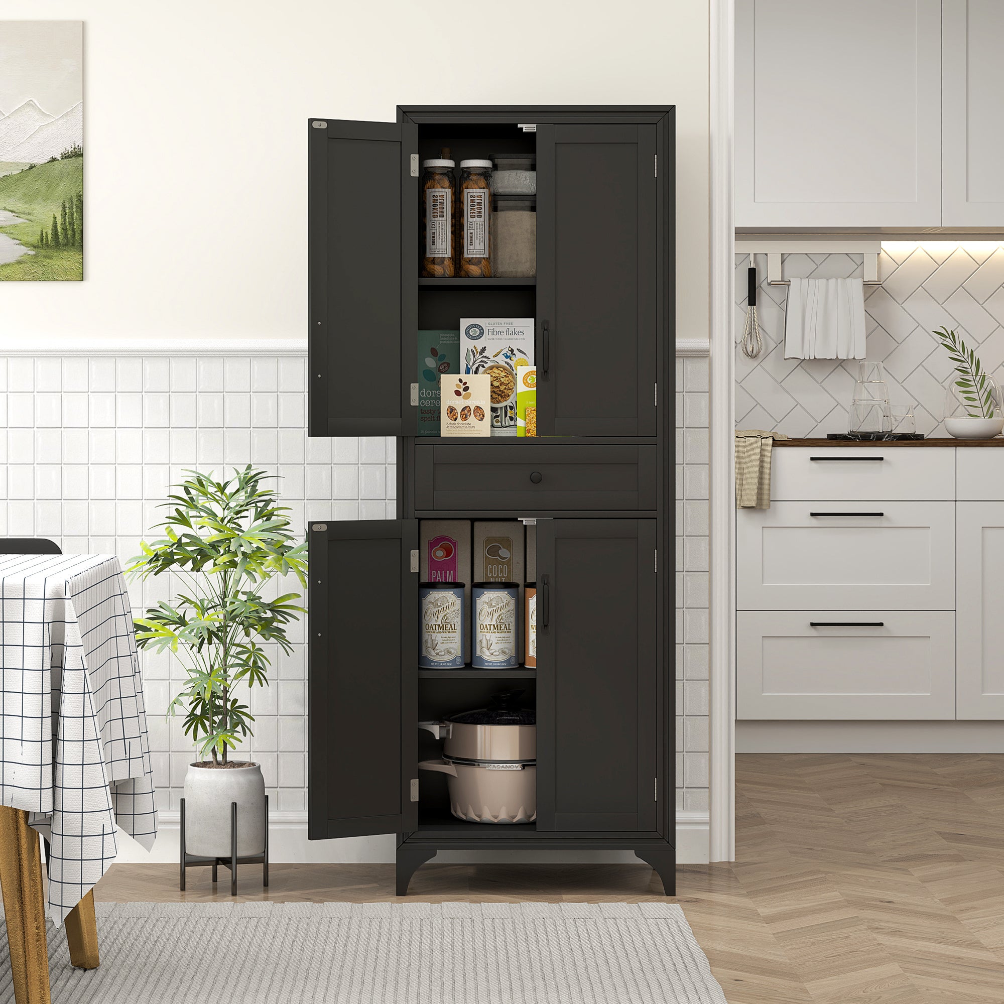 Storage Cabinet Kitchen Pantry 4 Door Black 66.9"H-DECOROLALA