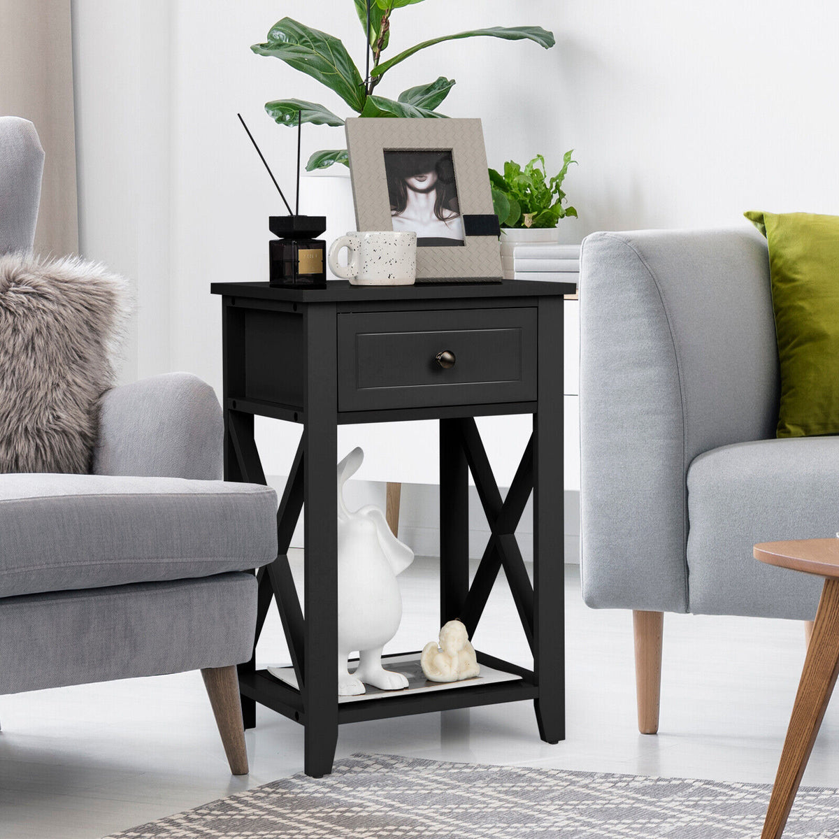 Storage End Bedside Drawer Nightstand w/ Bottom Shelf-Black-End & Side Tables-DECOROLALA