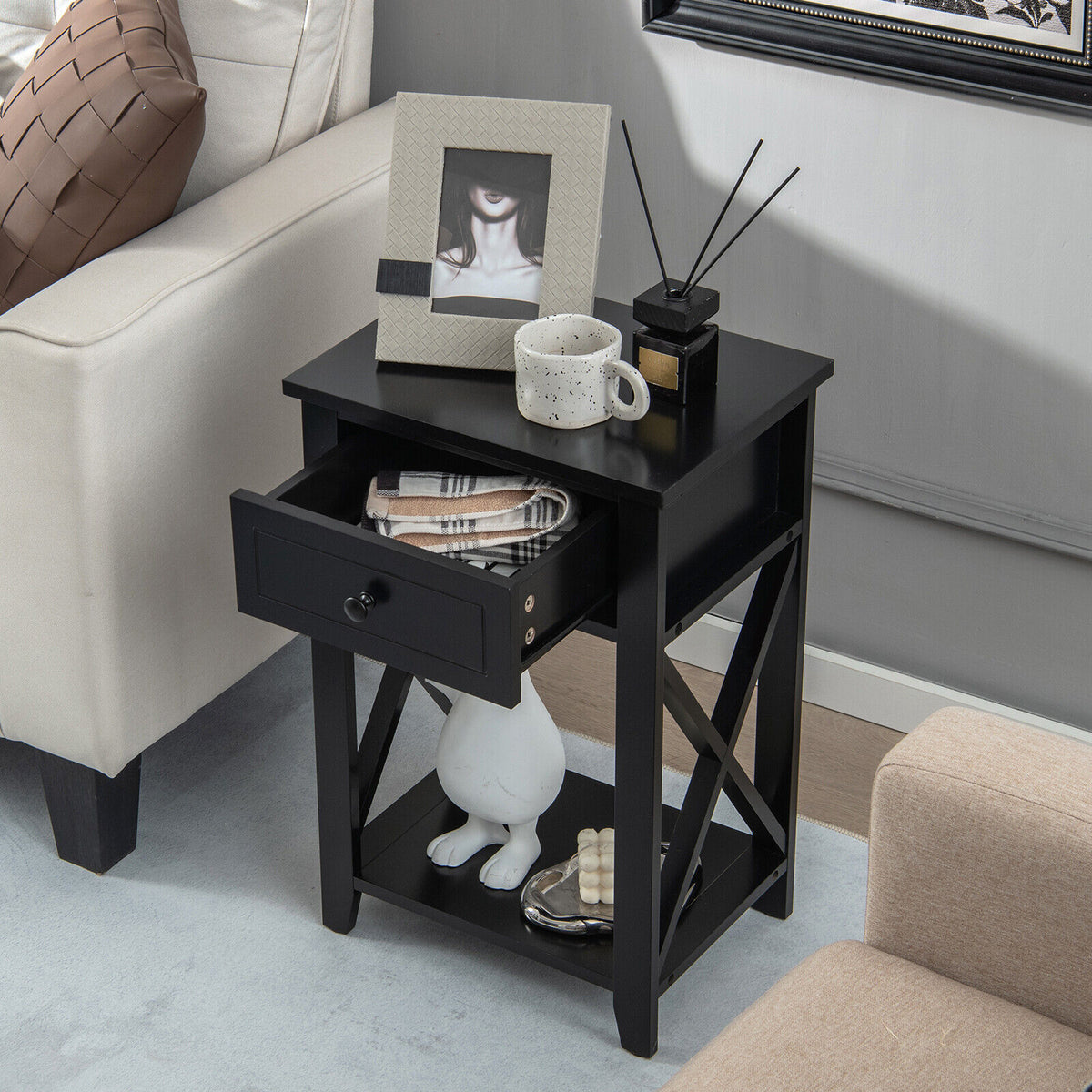 Storage End Bedside Drawer Nightstand w/ Bottom Shelf-Black-End & Side Tables-DECOROLALA