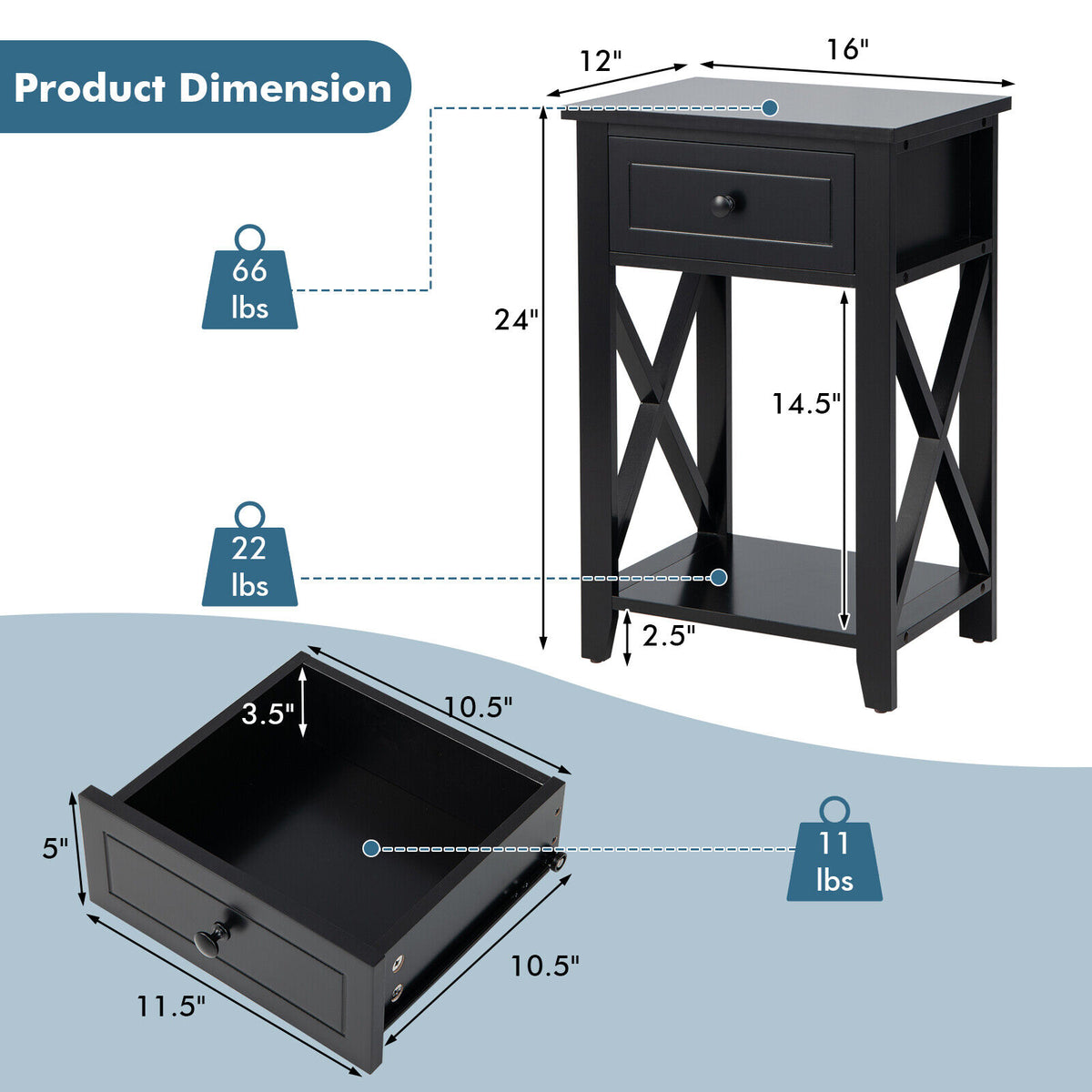 Storage End Bedside Drawer Nightstand w/ Bottom Shelf-Black-End & Side Tables-DECOROLALA