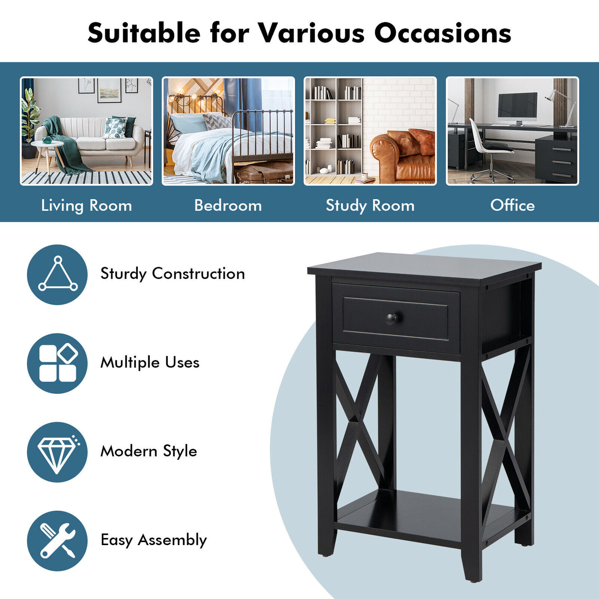 Storage End Bedside Drawer Nightstand w/ Bottom Shelf-Black-End & Side Tables-DECOROLALA