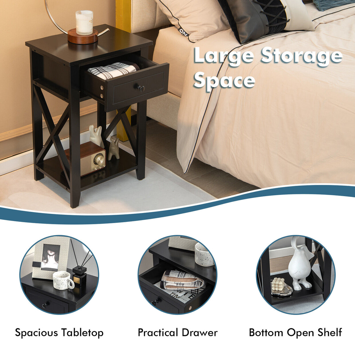 Storage End Bedside Drawer Nightstand w/ Bottom Shelf-Black-End & Side Tables-DECOROLALA