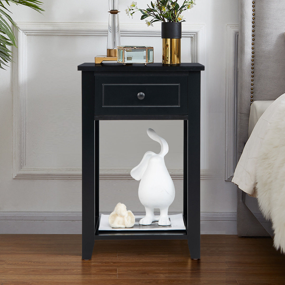 Storage End Bedside Drawer Nightstand w/ Bottom Shelf-Black-End & Side Tables-DECOROLALA