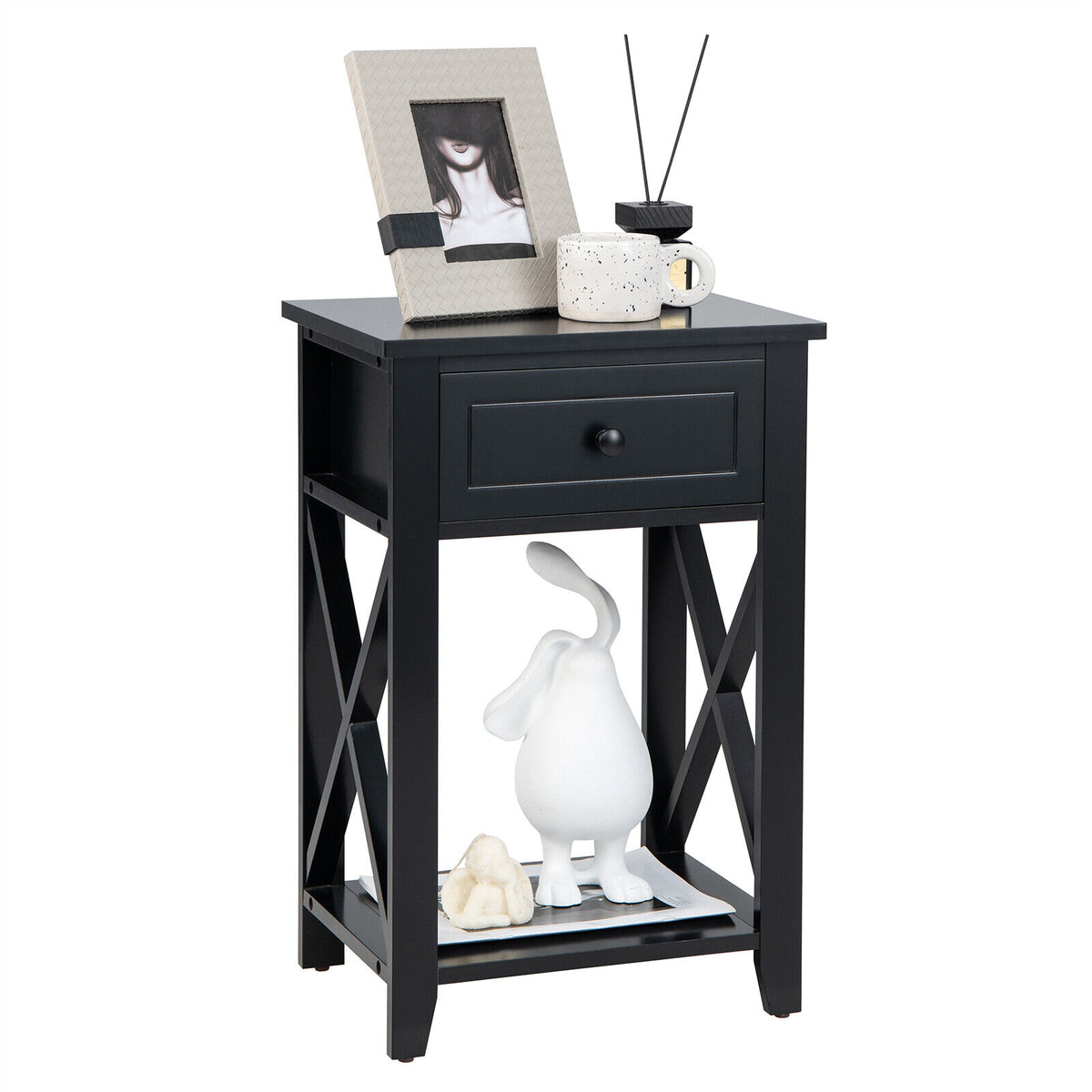 Storage End Bedside Drawer Nightstand w/ Bottom Shelf-Black-End & Side Tables-DECOROLALA