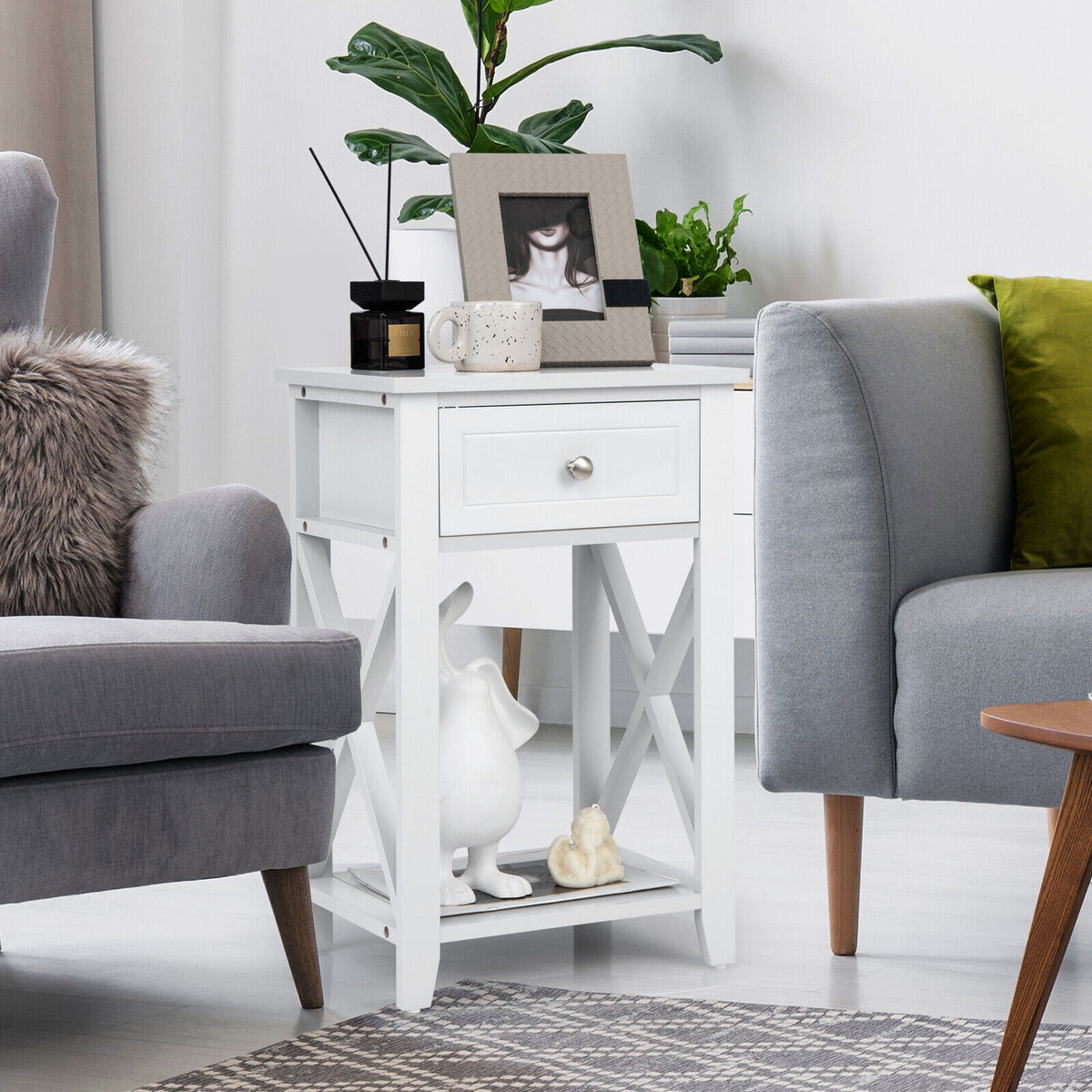Storage End Bedside Drawer Nightstand w/ Bottom Shelf-White-End & Side Tables-DECOROLALA