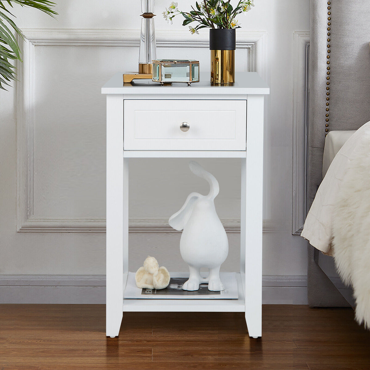 Storage End Bedside Drawer Nightstand w/ Bottom Shelf-White-End & Side Tables-DECOROLALA