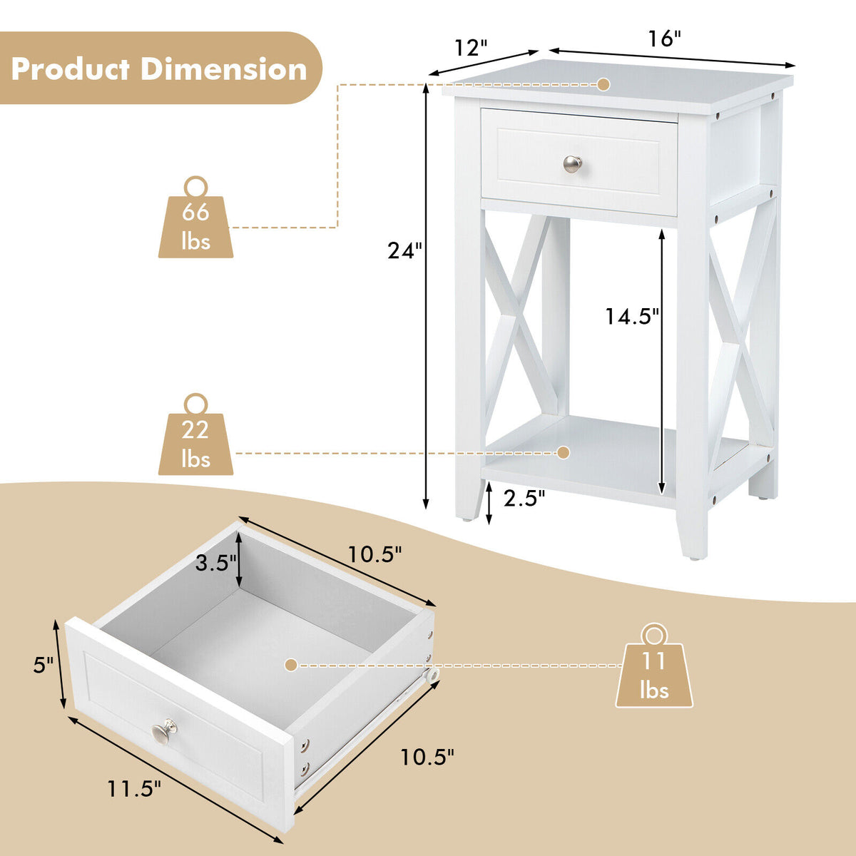 Storage End Bedside Drawer Nightstand w/ Bottom Shelf-White-End & Side Tables-DECOROLALA