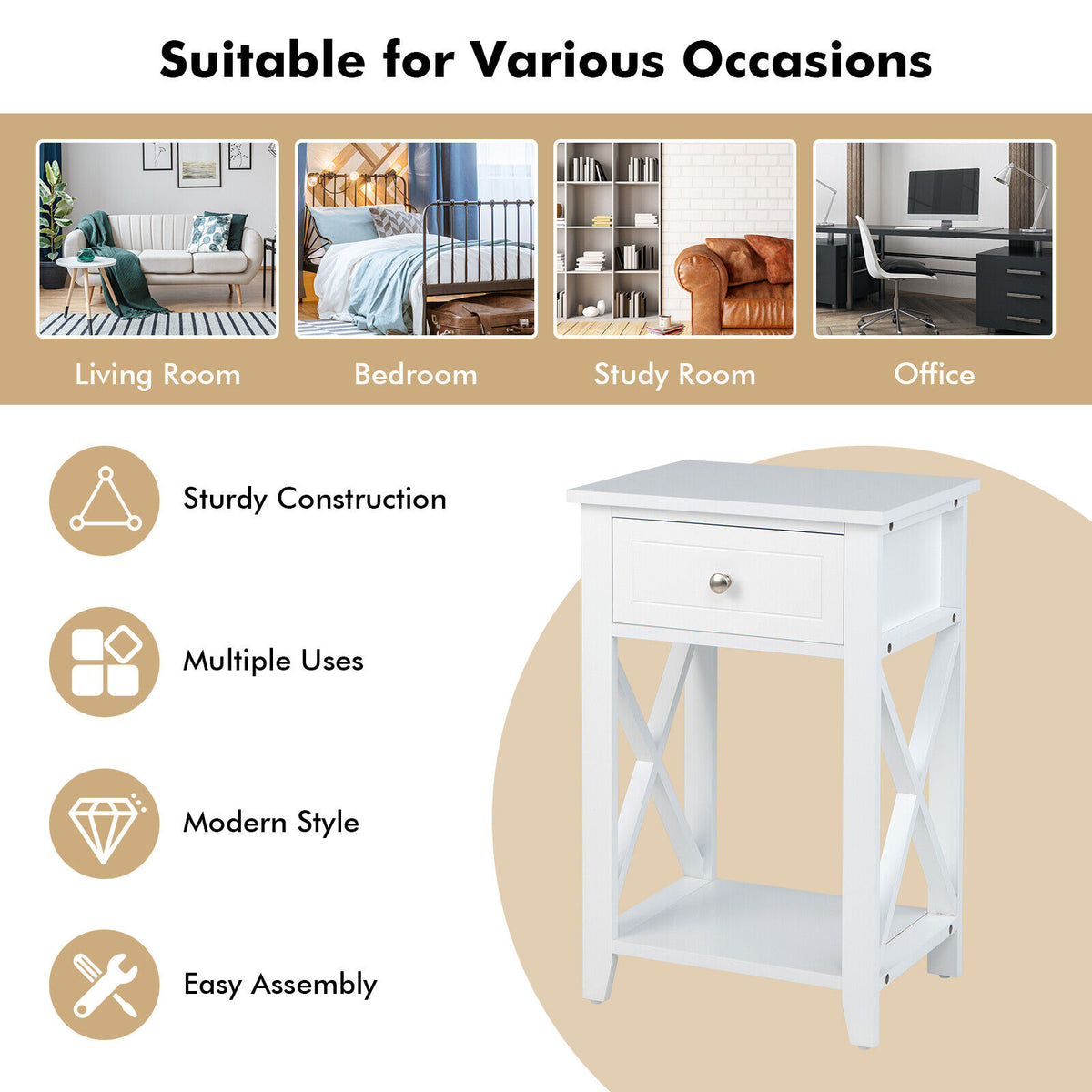 Storage End Bedside Drawer Nightstand w/ Bottom Shelf-White-End & Side Tables-DECOROLALA