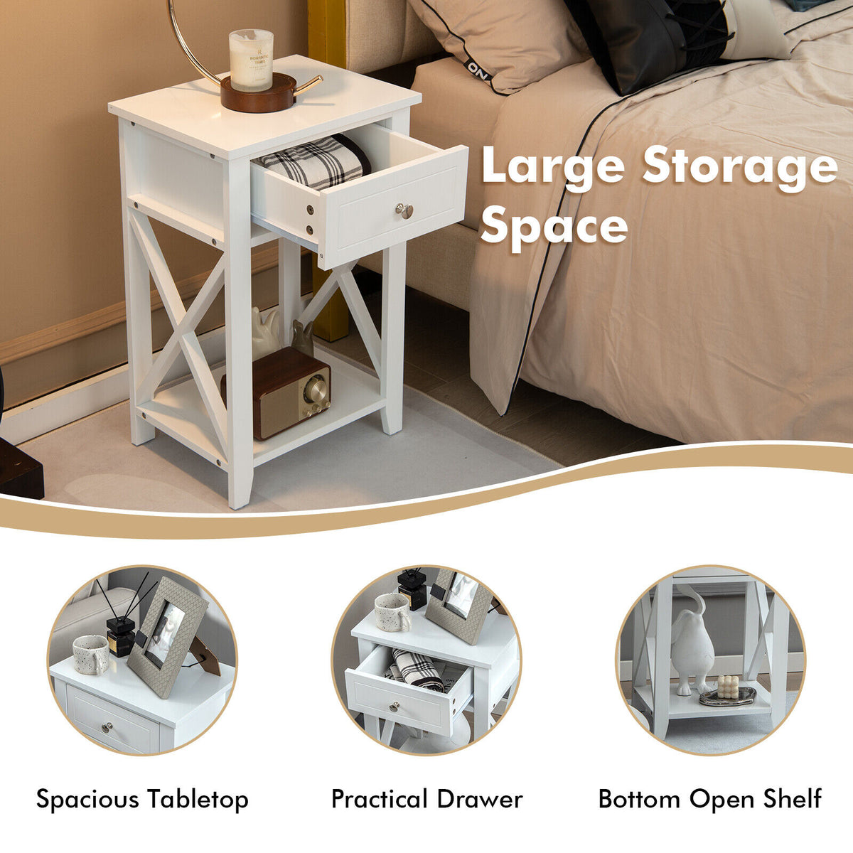 Storage End Bedside Drawer Nightstand w/ Bottom Shelf-White-End & Side Tables-DECOROLALA